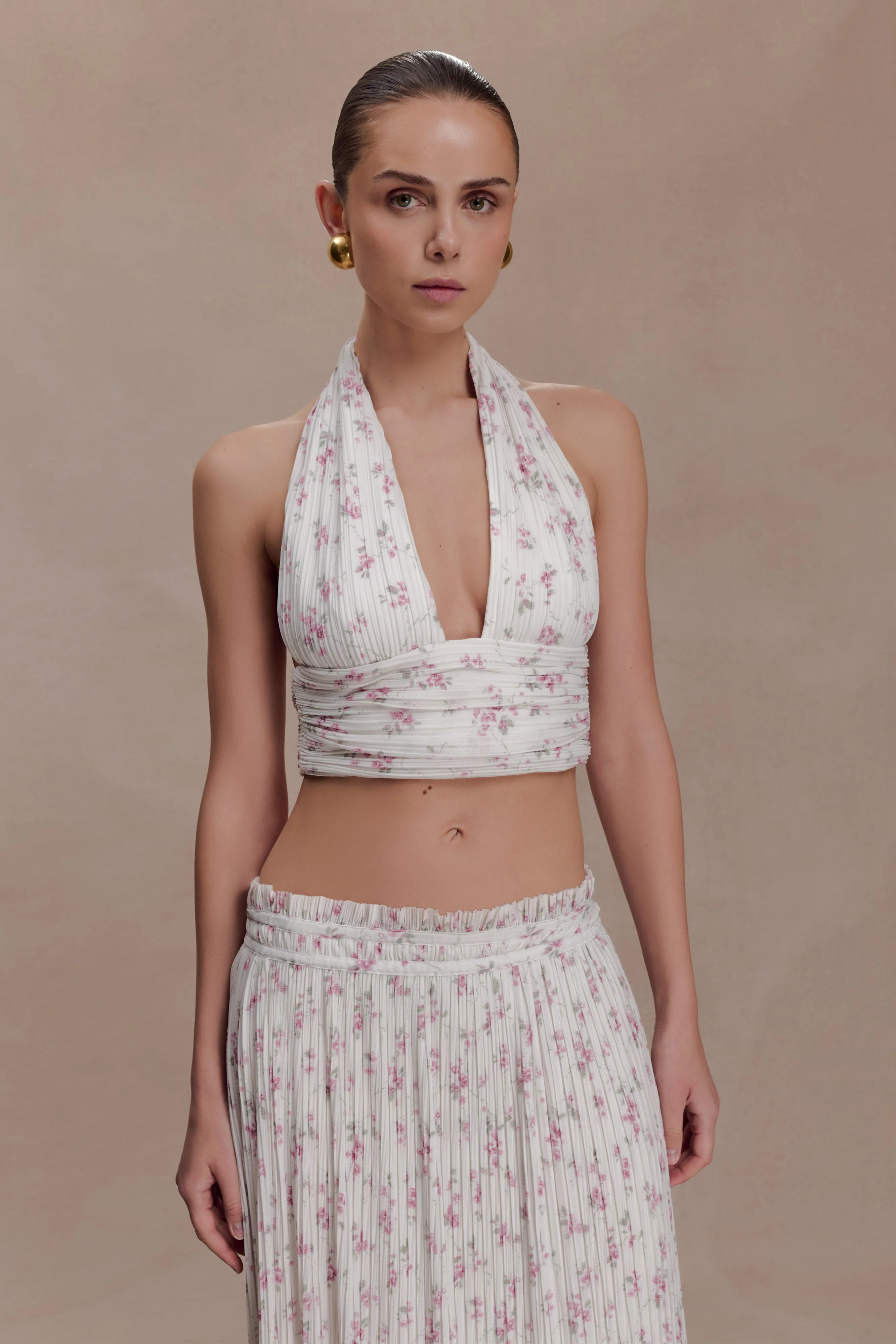 Amaris Sleeveless Plisse Halter Top - Floral Ditsy Print