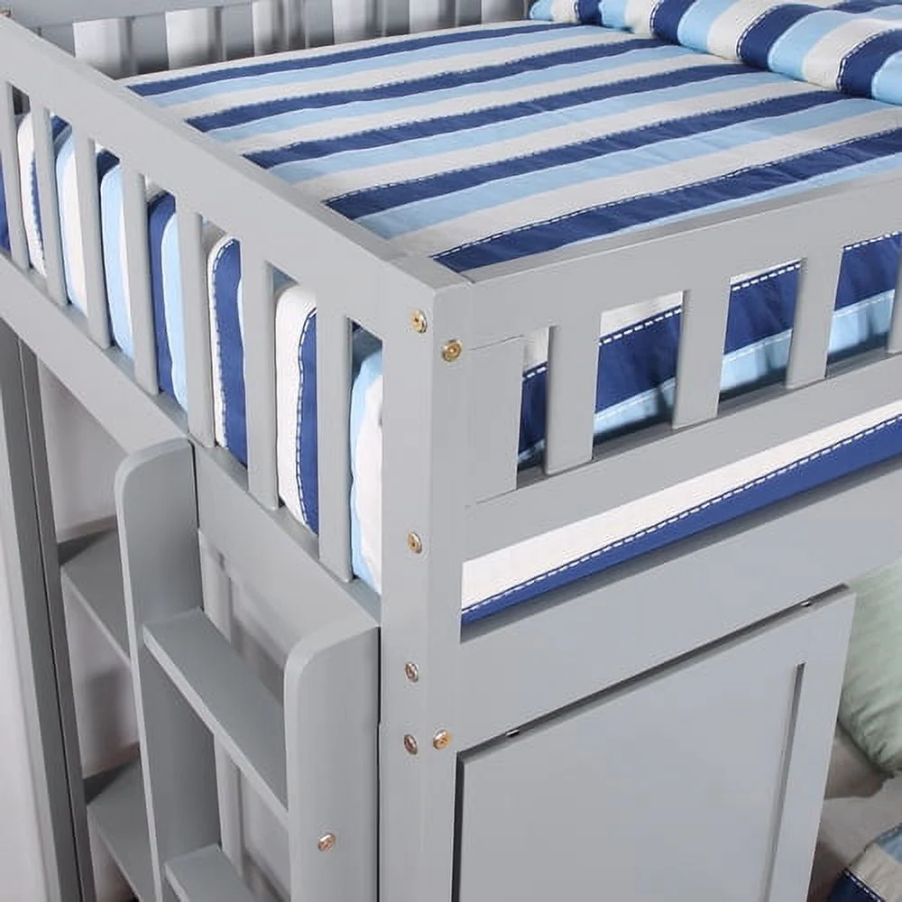 Twin Loft Bed with Closet Desk, Wood Bed Frame with Movable Bed, Bunk Bed for Kids Adult, Gray Image 3
