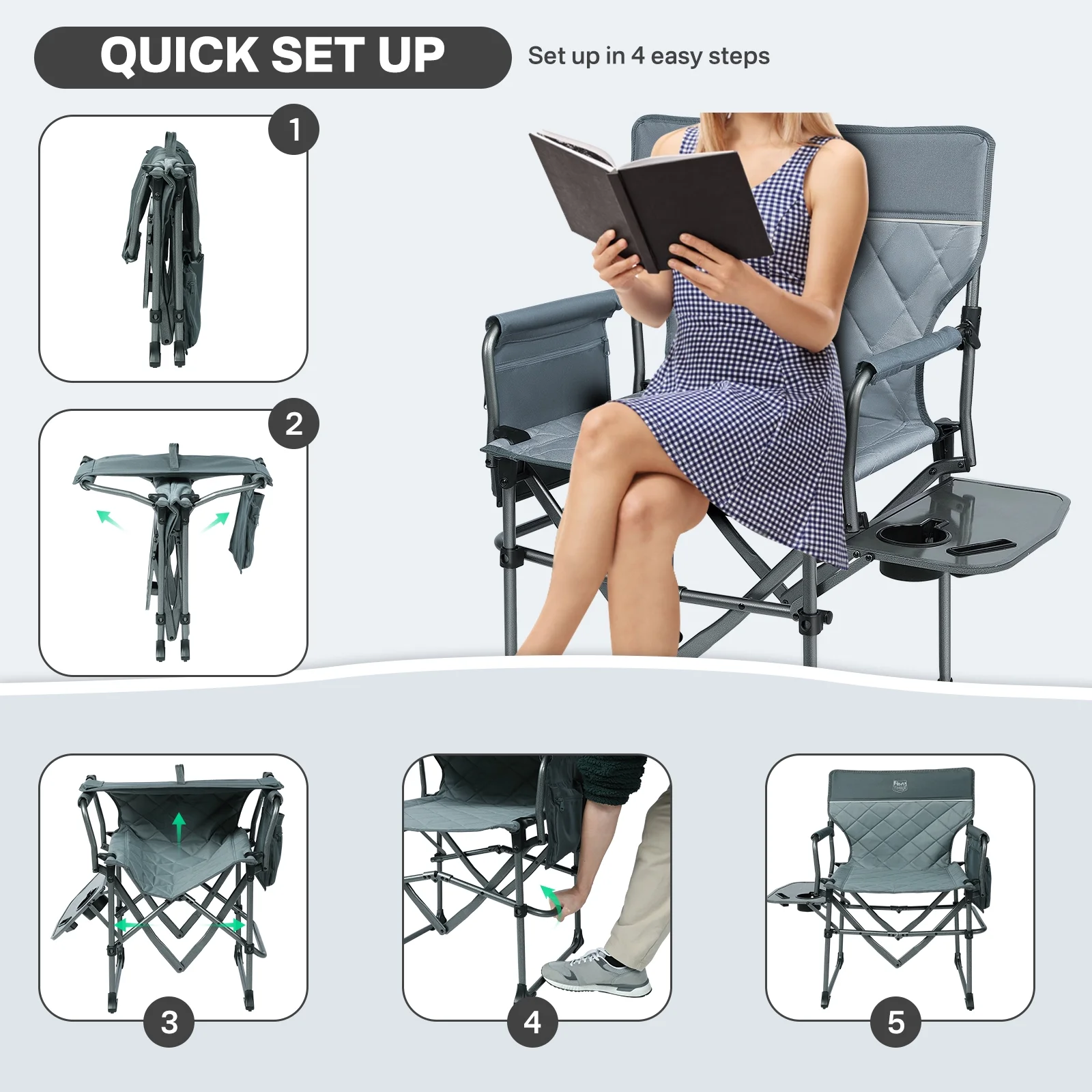TIMBER RIDGE Portable Director Chair, Heavy Duty Camping Folding Chair with Compact Size with Side Pocket and Side Table, Support 400 lbs, Grey(1/Gray) - Image 8