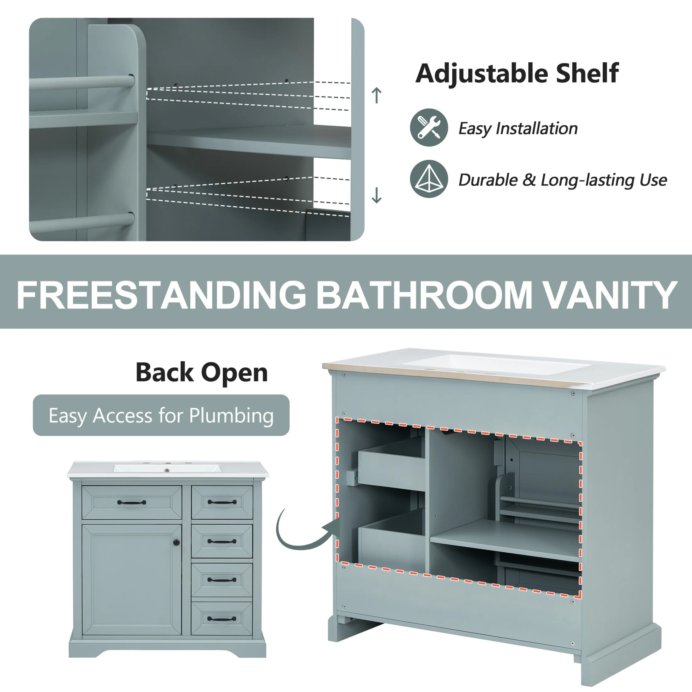 36" Bathroom Vanity with Sink, Tip-out Drawers, Soft-Close Doors, Grey(Grey) - Image 6