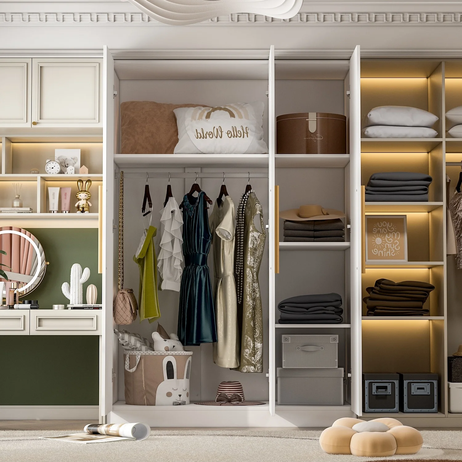 Wardrobe Armoire Wooden Closet Cabinet 6 Storage Cube and Hanging Rod White(White) - Image 2