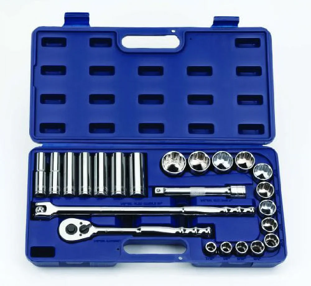 23pc 1/2 Drive 12-Point 1/2 to 7/8 Deep & 7/16 to 1-1/4 Shallow SUPERTORQUE? Chrome Sockets & Drive Tools Set In A Packed In A Compact HDPE Carrying Case. Williams? # JHW50668
