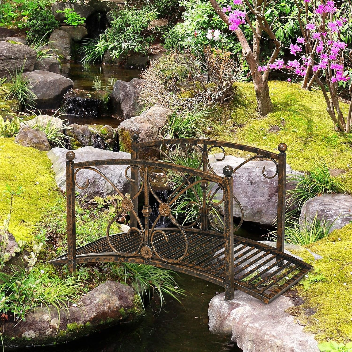 Metal Arch Zen Garden Bridge with Safety Siderails, Decorative Footbridge, Delicate Floral Scrollwork for Stream, Fish Pond, Brown