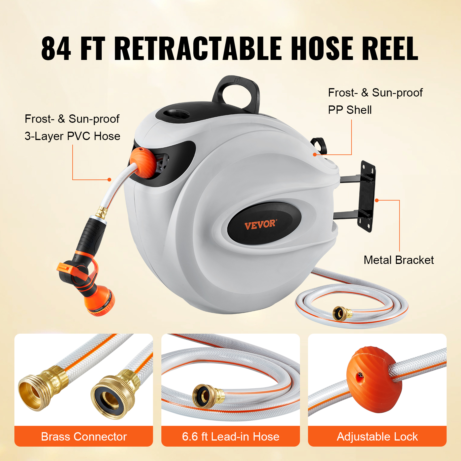 Retractable Hose Reel, 84 ft x 5/8 inch, 180�� Swivel Bracket Wall-Mounted, Garden Water Hose Reel with 9-Pattern Nozzle, Automatic Rewind, Lock at Any Length, and Slow Return System - Image 6