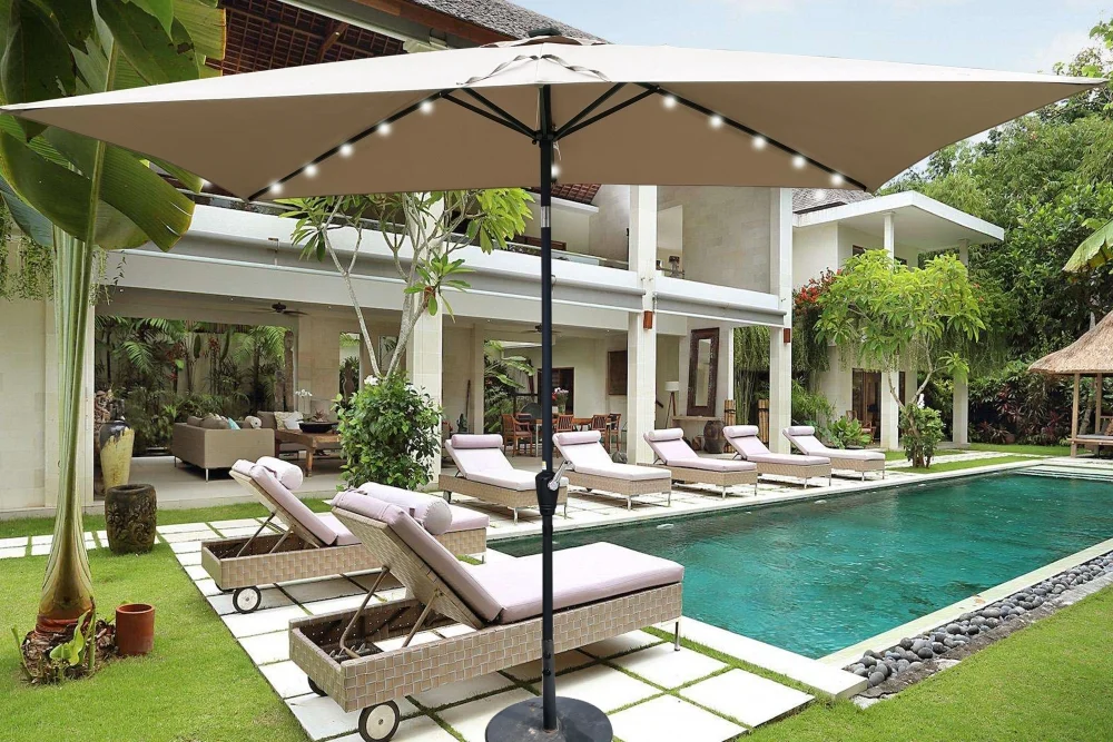 10 x 6.5t Patio Umbrella,Rectangular Picnic Table Umbrella,6-8 Chairs Tilt Umbrella with 26 LED Lights,Waterproof Umbrella Sunshade with Crank and Push Button Tilt for Garden Backyard Pool,LIGHT GREY