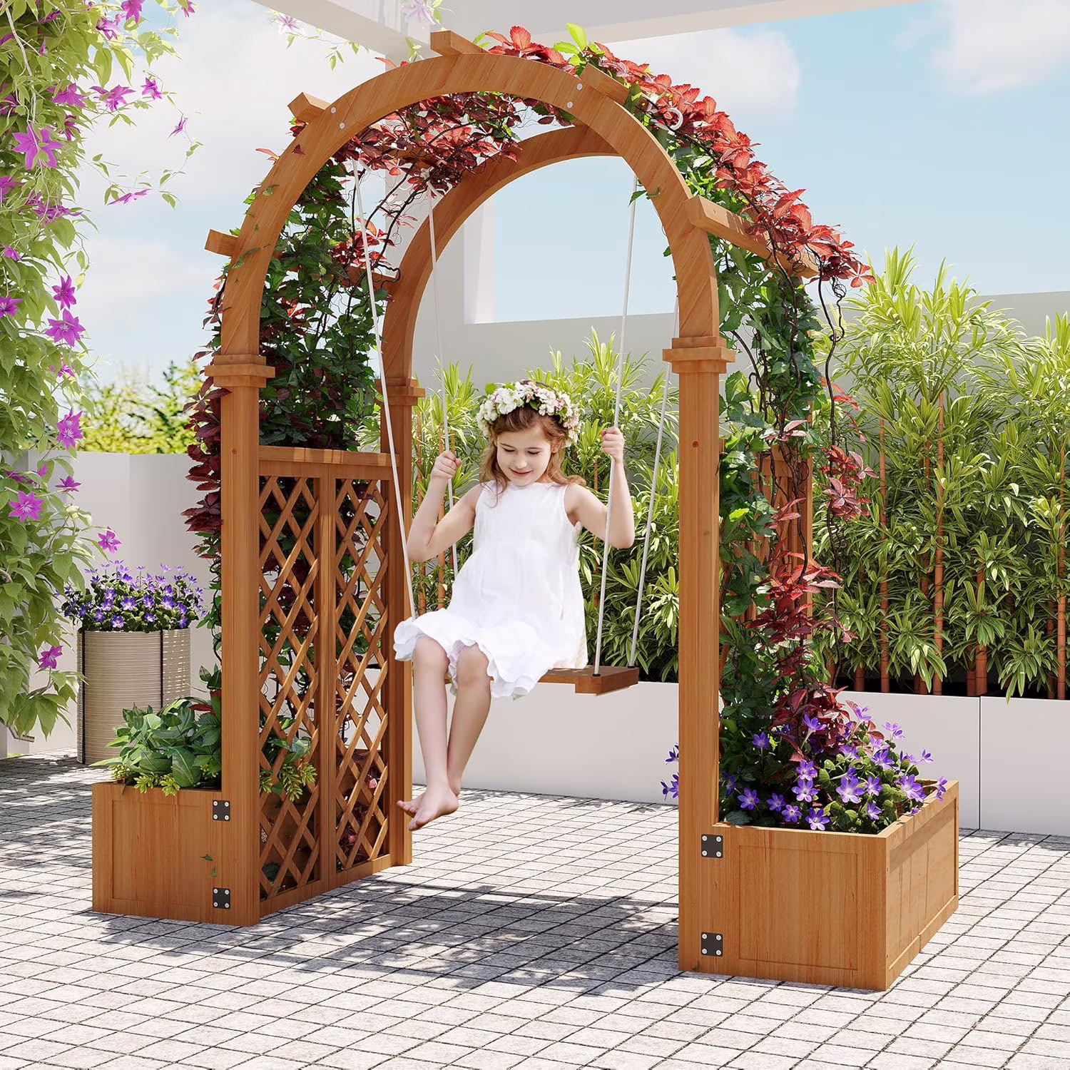 Wooden Garden Arbor with Planter&Swing,Outdoor Arbor Trellis for Climbing Plants, Roses, Vines, Outside Pergola Planter, Garden Arch for Lawn Backyard Wedding Ceremony Bridal Party