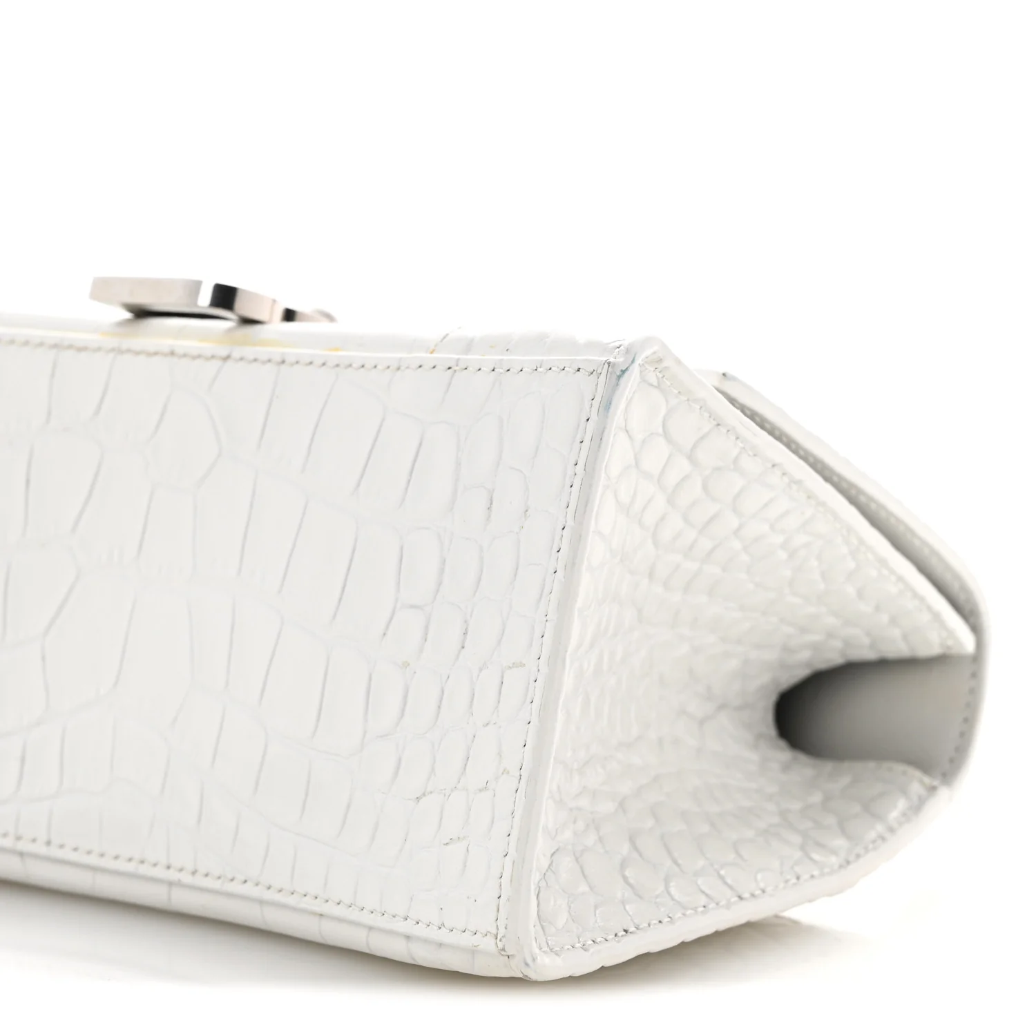 Calfskin Crocodile Embossed Small Hourglass Top Handle Bag White