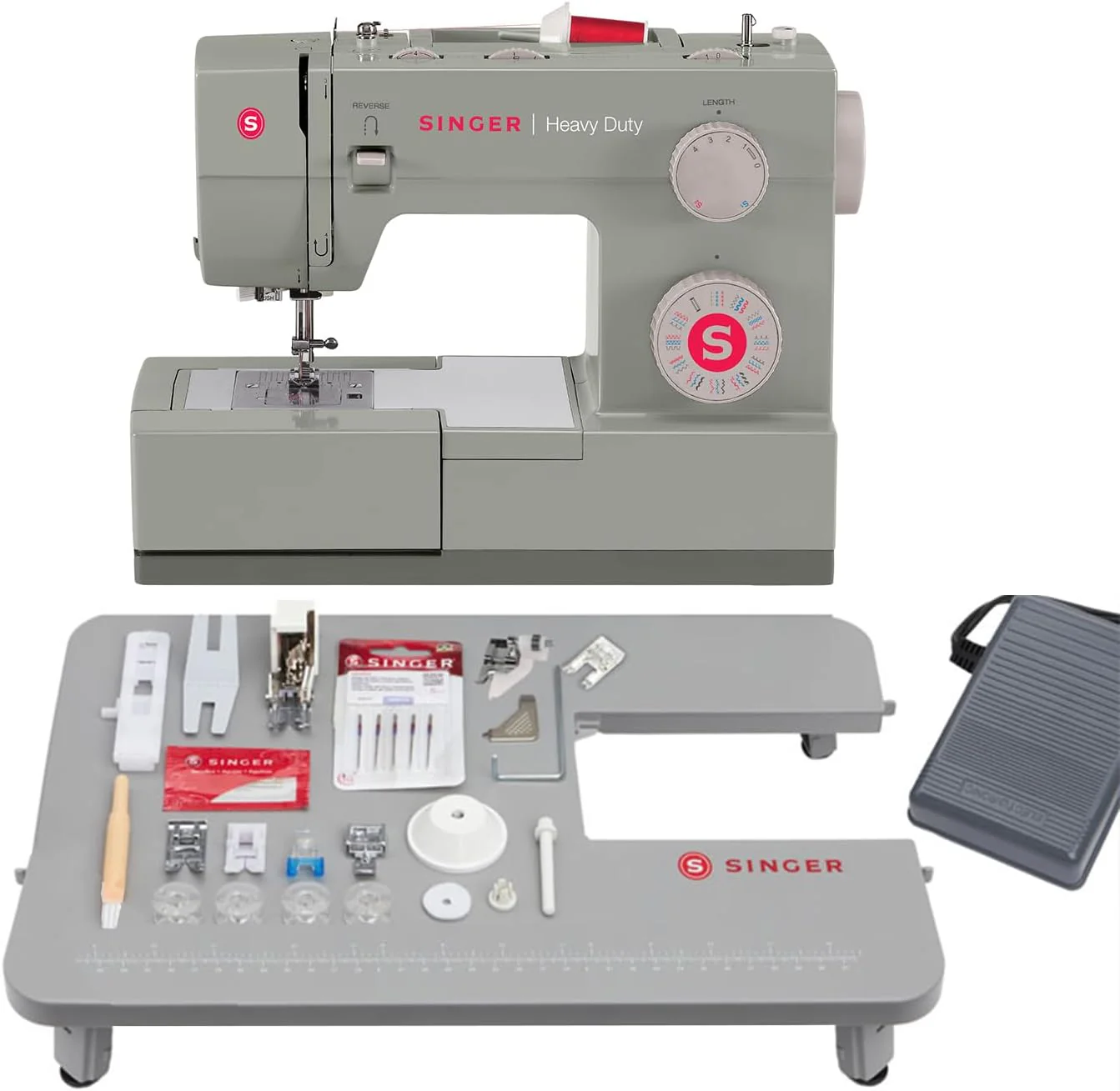 Machine à coudre haute vitesse SINGER Heavy Duty 4452 avec kit d'accessoires | Moteur puissant à pénétration améliorée, 110 points de couture, châssis entièrement métallique, boutonnière automatique et éclairage LED