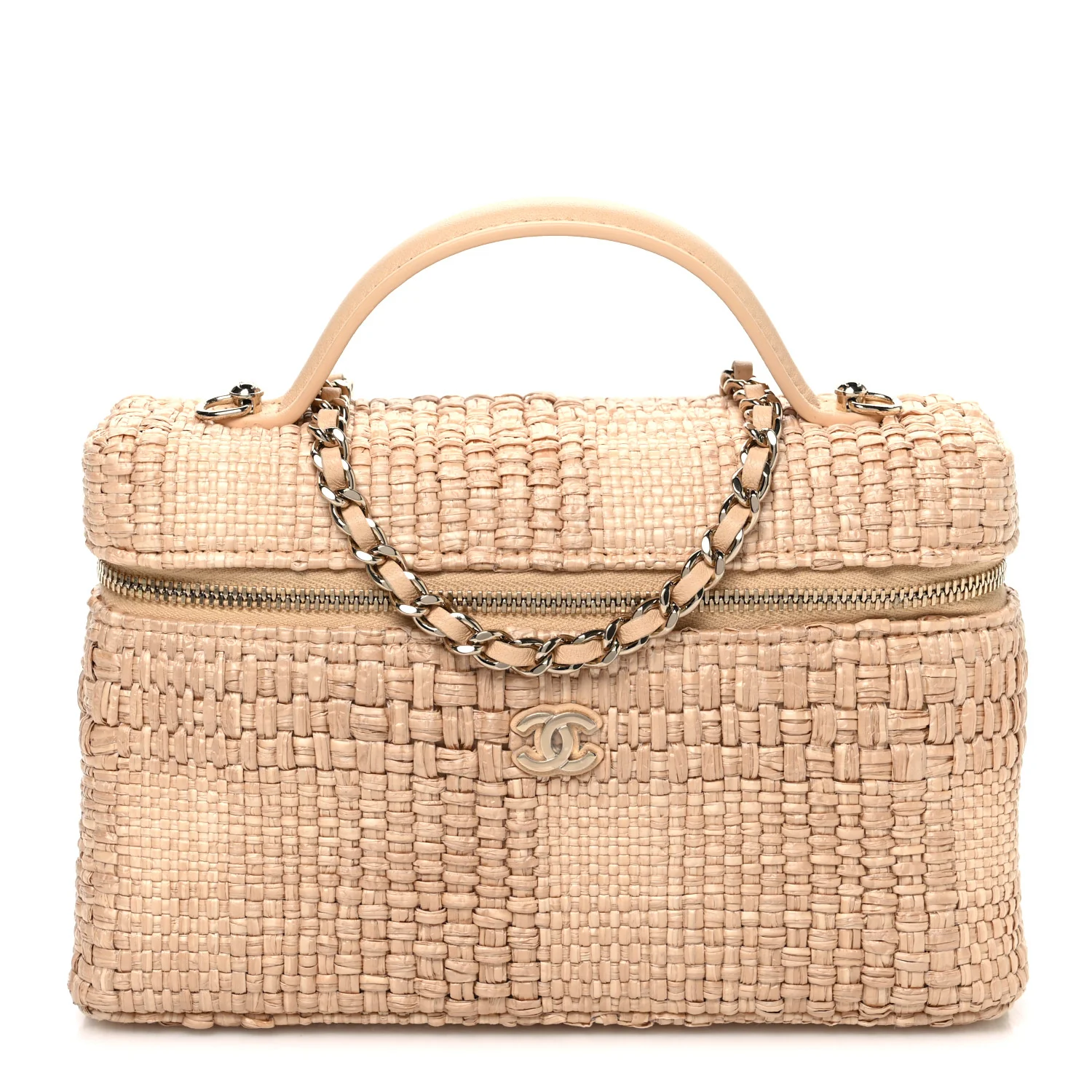 Braided Raffia Quilted Top Handle Slim Vanity Case With Chain Beige