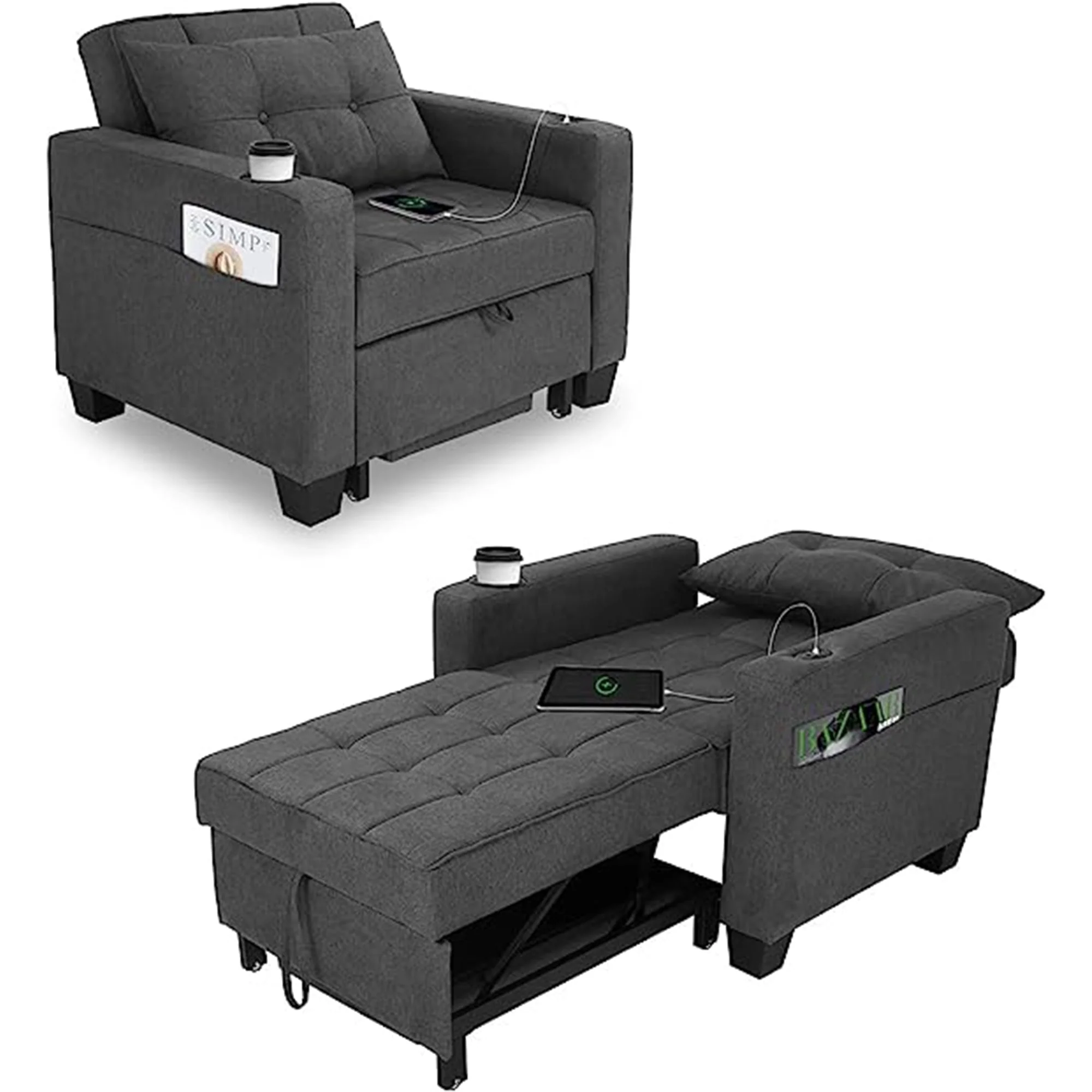 DURASPACE 3 in 1 Convertible Sleeper Chair Bed with Usb Port, Linen Pull Out Chair Indoor, Dark Gray