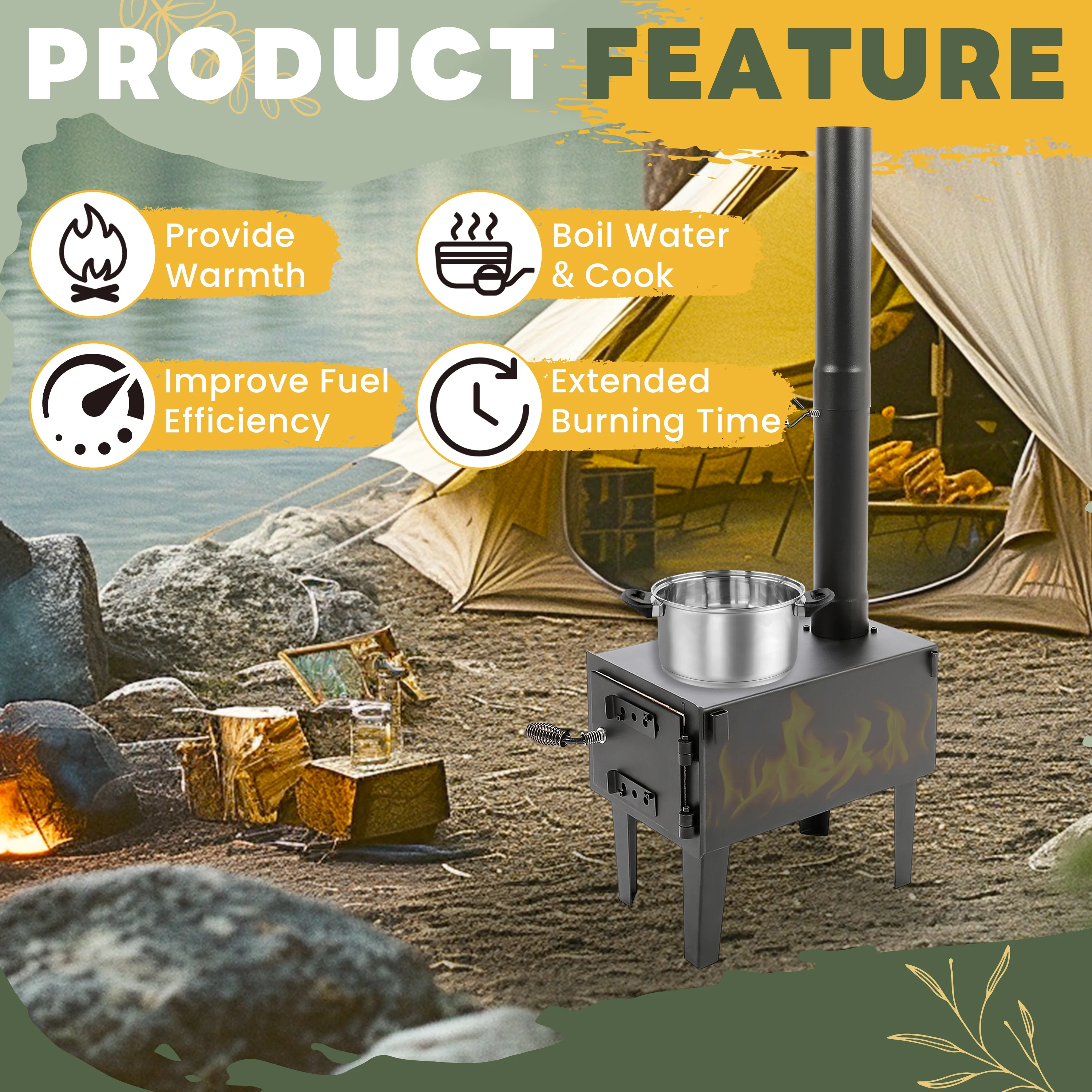 Wood Burning Stove Tent Camping Stove for Outdoor Cooking Fishing Hiking Travel Portable Heater W/Storable Chimney Pipes - Image 4