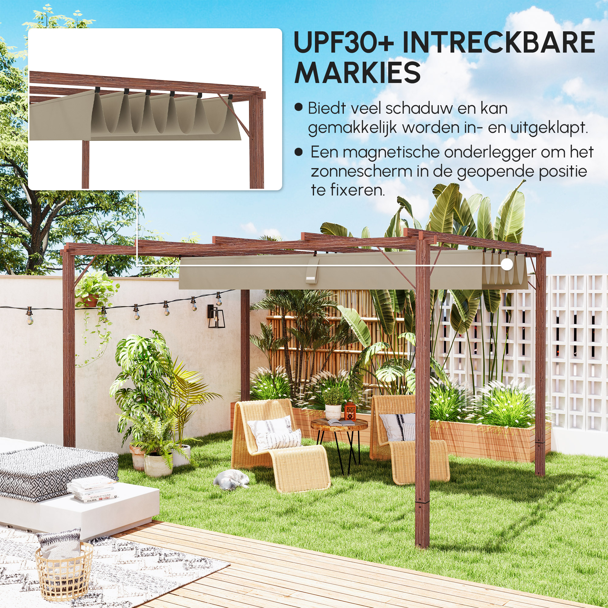 Outsunny 3 x 4 m Tuin-Pergola, Verstelbaar Terrasoverkapping, Aluminium Frame, UPF30+ Zonbescherming, Natuurhout