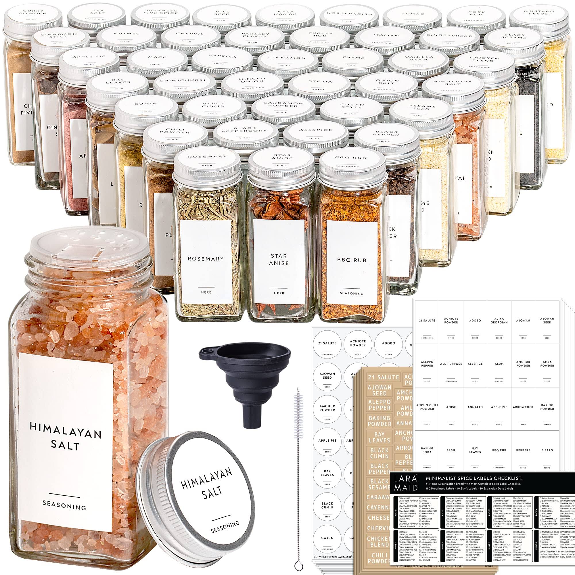 Laramaid 4oz 24Pack Spice Jars with 455 White Vinyl Spice Labels, Shaker Lids Dispenser with Airtight Silver Metal Caps, Cleaning Brush and