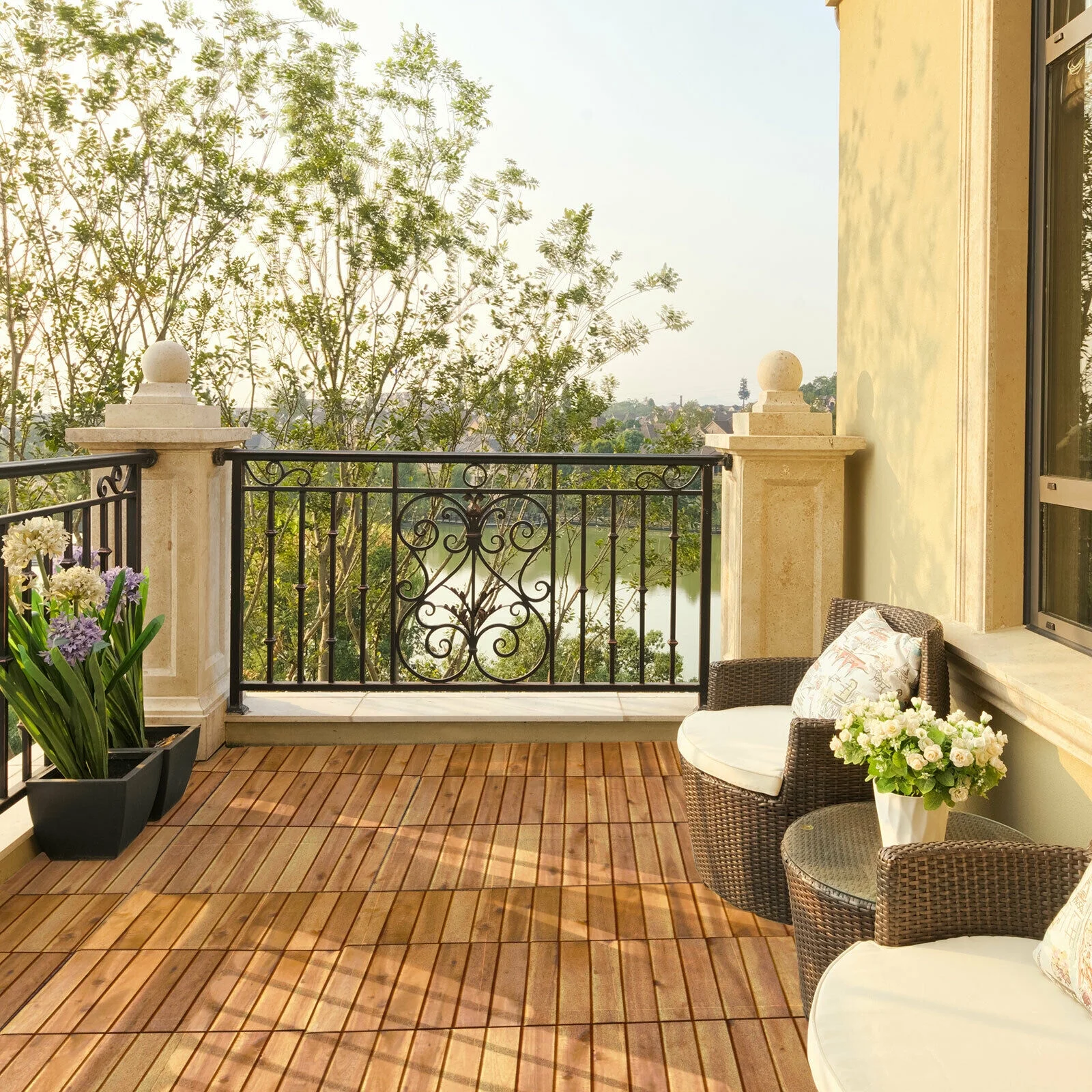 Patiojoy 27PCS 12"x12" Patio Interlocking Tiles Acacia Slat Wood Garden Outdoor &Indoor