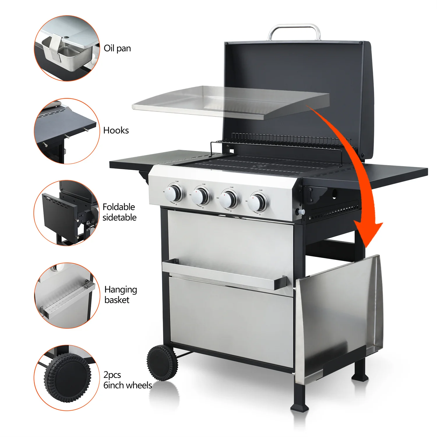 HighSound 2-Burner Propane Gas Grill, 24600 BTU Patio Garden Barbecue Grill with Stainless Steel Tray, Wire Enamel Cooking Grids & Foldable Shelves, Black