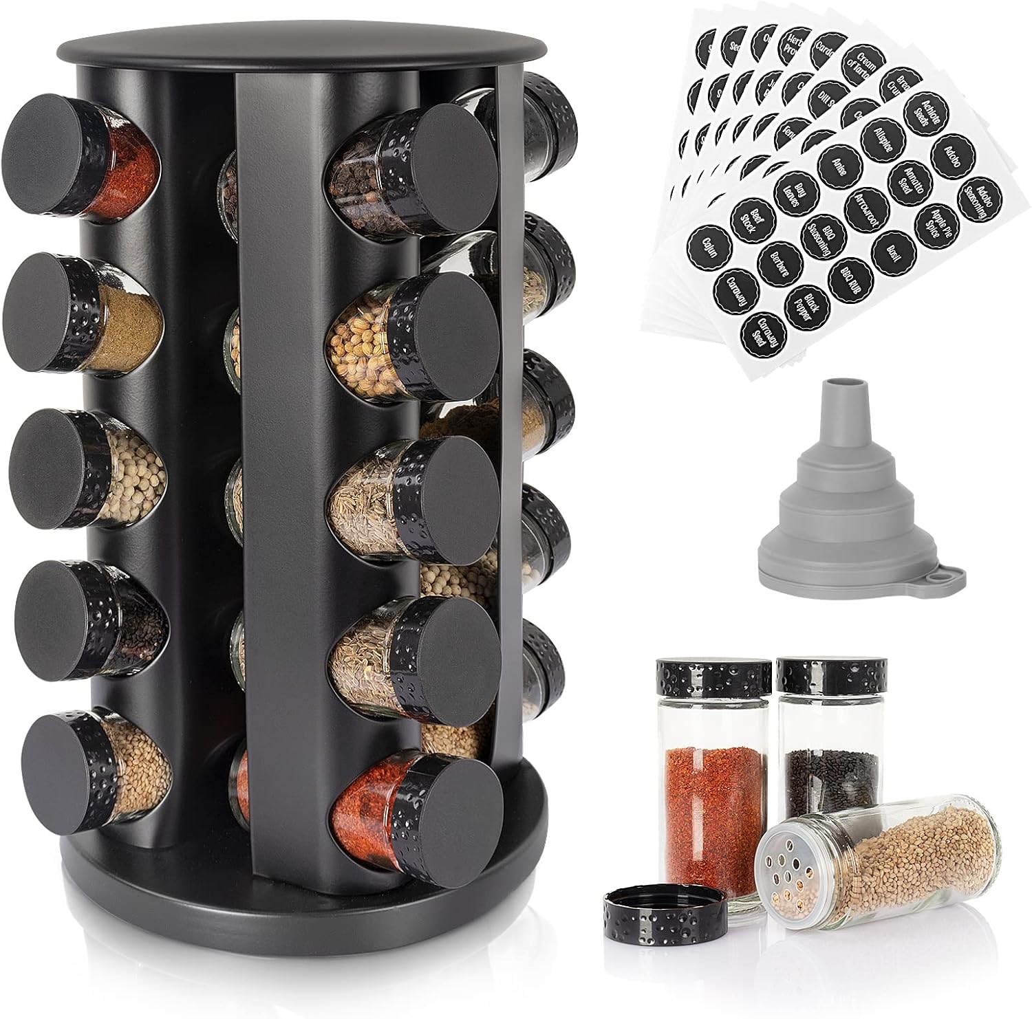 Tianifa Black Countertop Rotating Spice Rack, Round Empty 20-Jar Revolving Spice Rack Organizer, 135 Spice Labels with Funnel Complete Set, for Kitchen Countertop, Cabinet