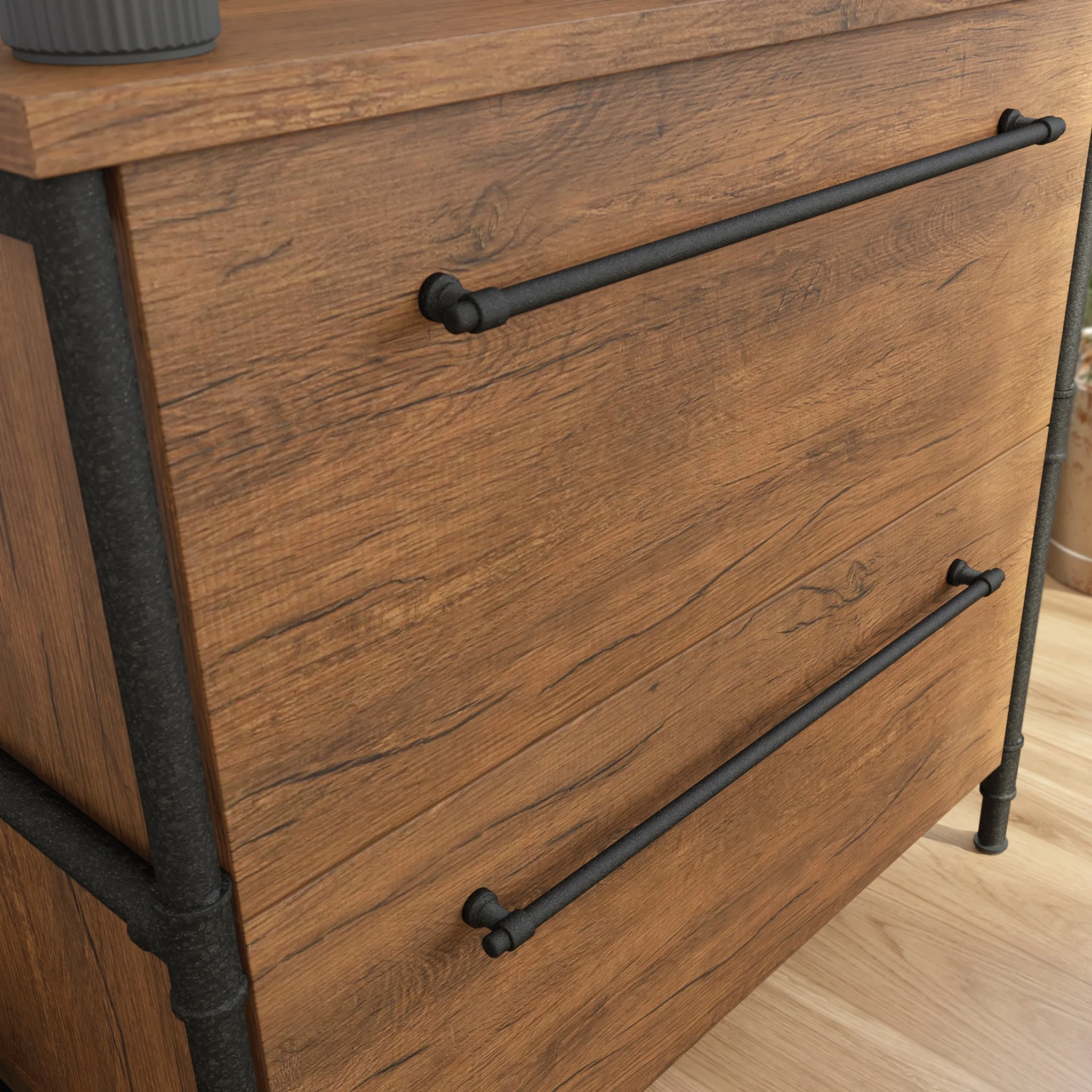 Sauder Iron City Industrial 2 Drawer Lateral File Cabinet, Checked Oak Finish