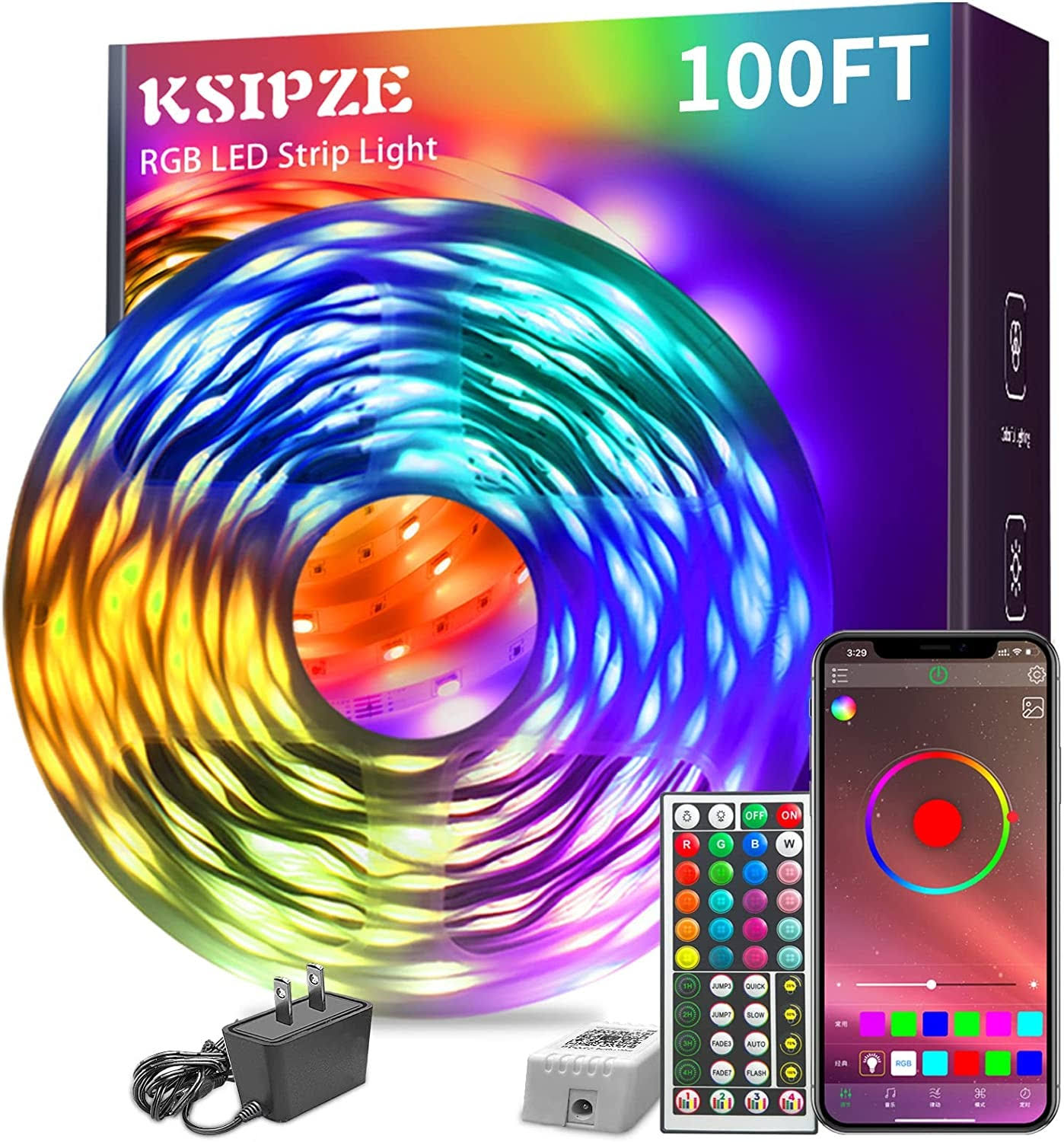KSIPZE 100ft LED Strip Lights RGB Music Sync Color Changing,Bluetooth LED Lights