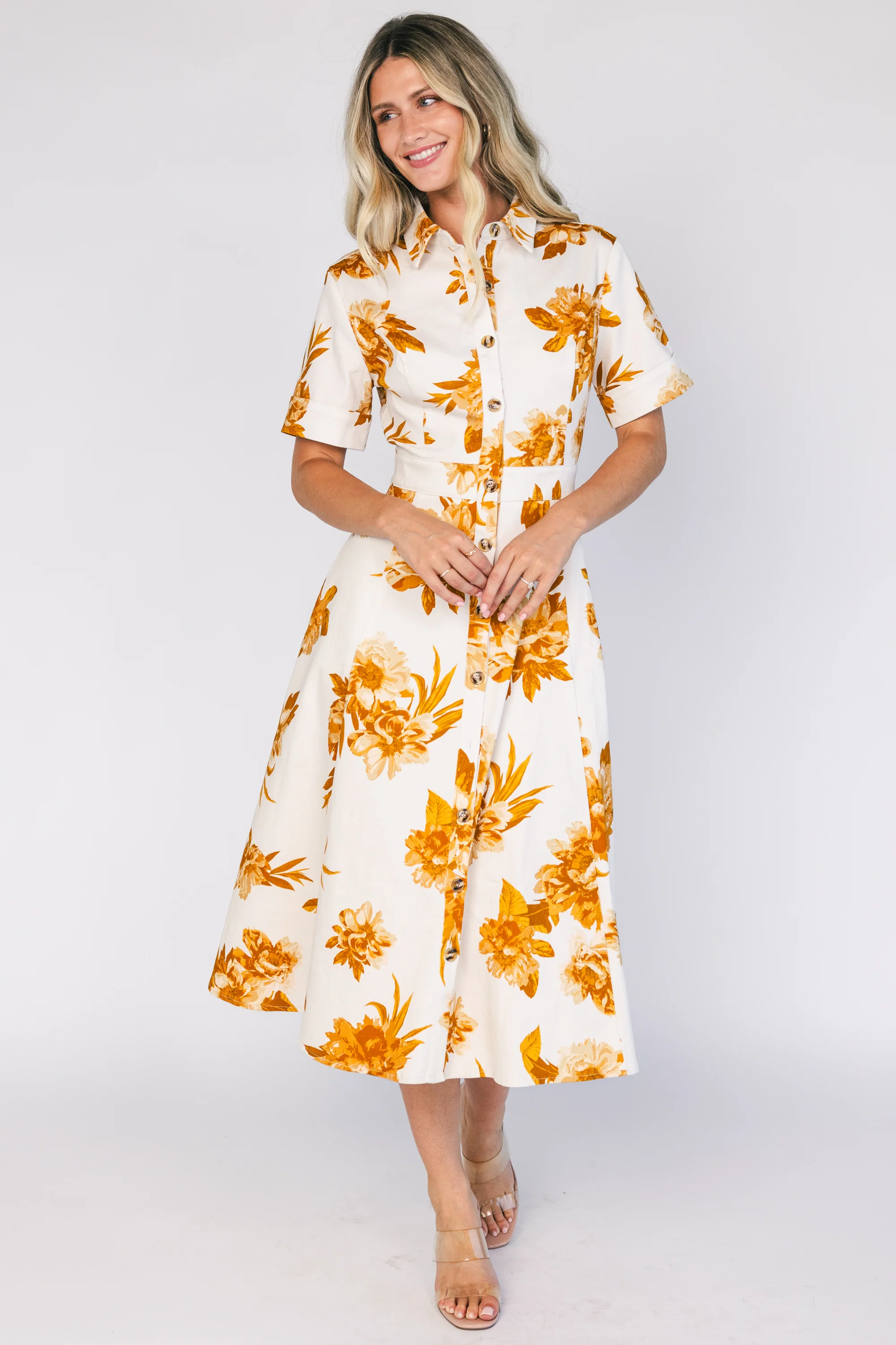 Selena Button Up Dress | Ivory + Golden Floral