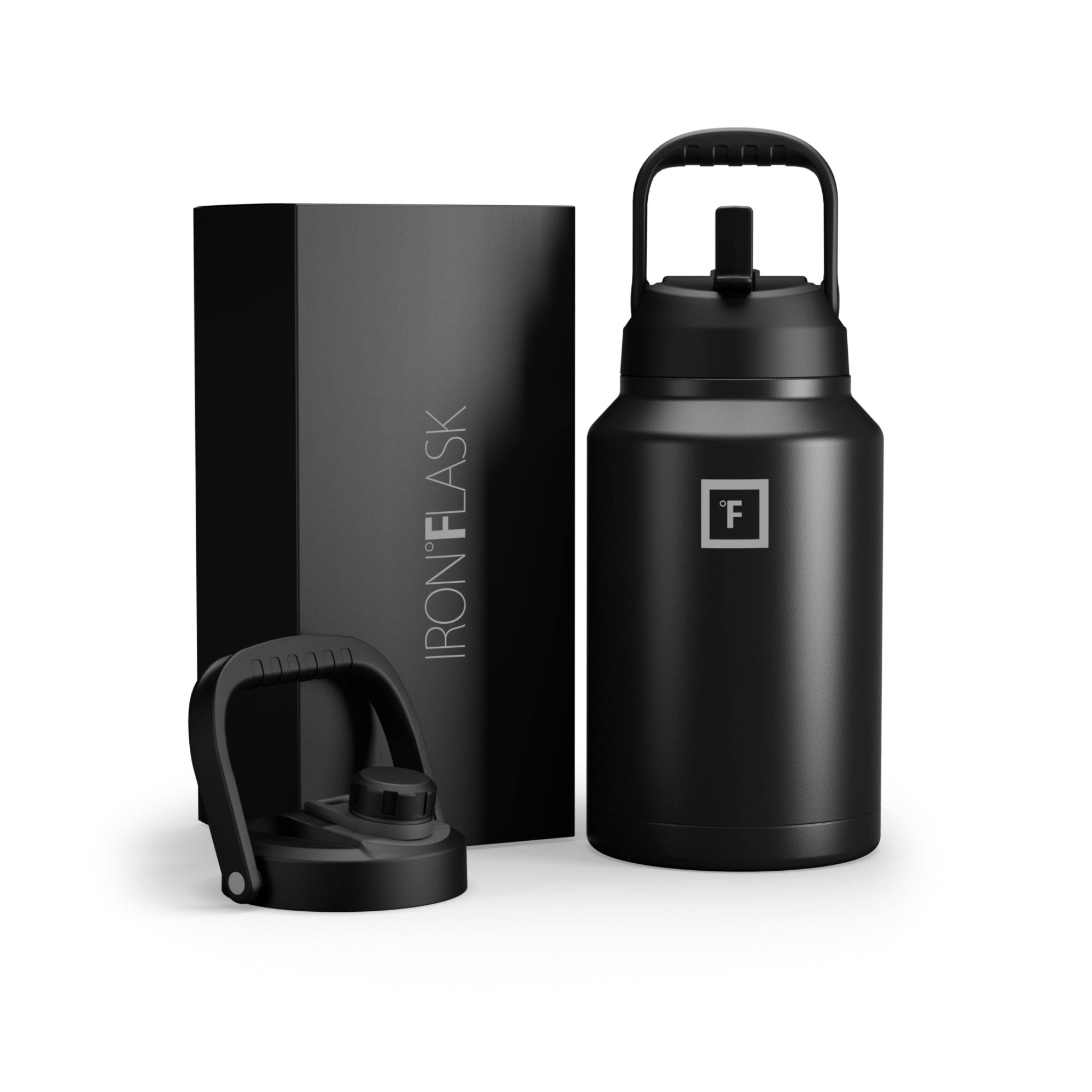 Iron Flask One Gallon Water Bottle with Straw and Spout Lids Midnight Black