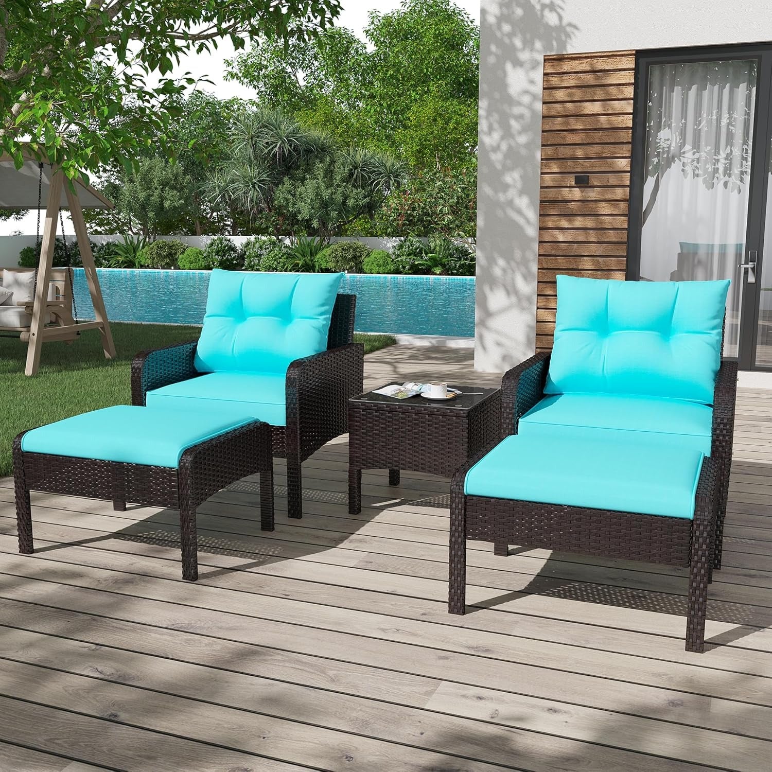 AECOJOY Outdoor 5 Pieces Patio Furniture Set, PE Rattan Wicker Chairs with Ottoman and Table, Brown/Blue