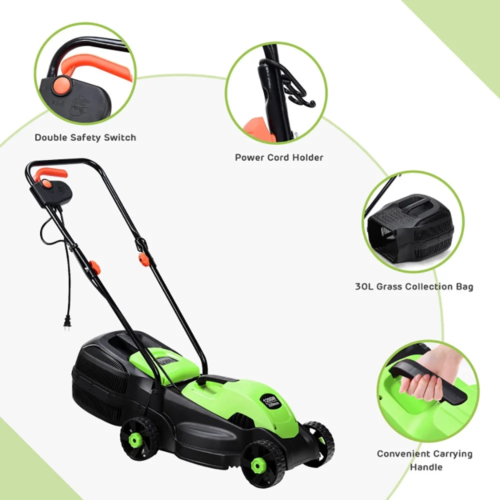 14 Inch Electric Push Lawn Mower with Grass Bag Corded Ergonomic Design Green(Green) - Image 10