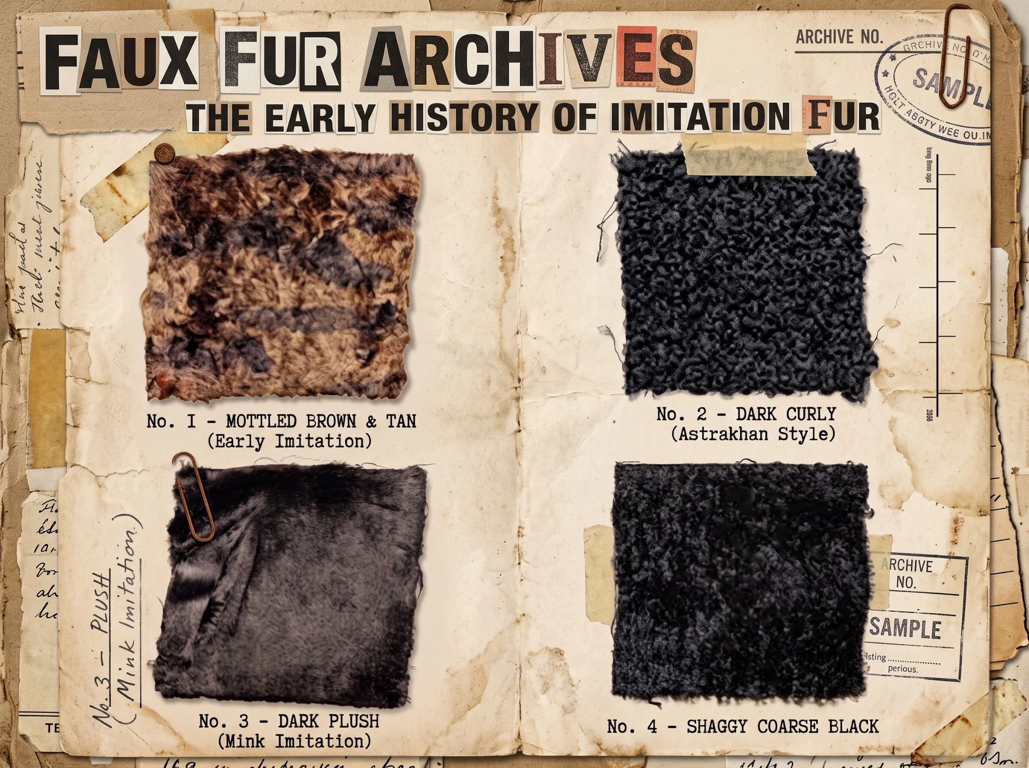 Historic faux fur textile swatches in brown, black, cream, and patterned pile