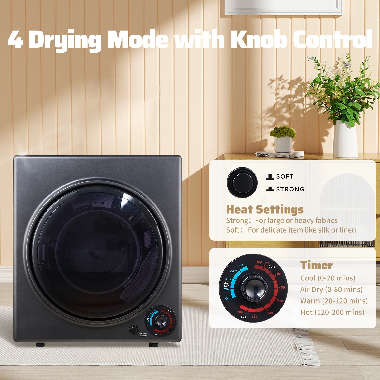 Portable Dryers for Laundry 1500W, 3.5 cu.ft Compact Dryer with Stainless Steel Tub, 4 Drying Mode, Apartments, RVs, Dorms - Image 7