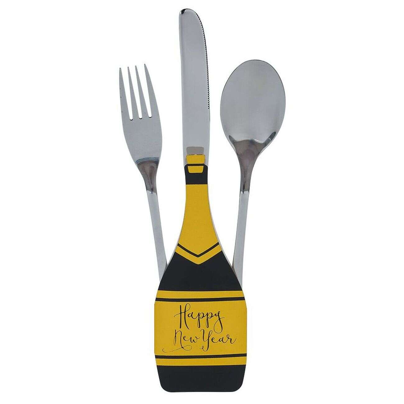 Lot de 4 pochettes à couverts Nouvel an forme bouteille noir et doré