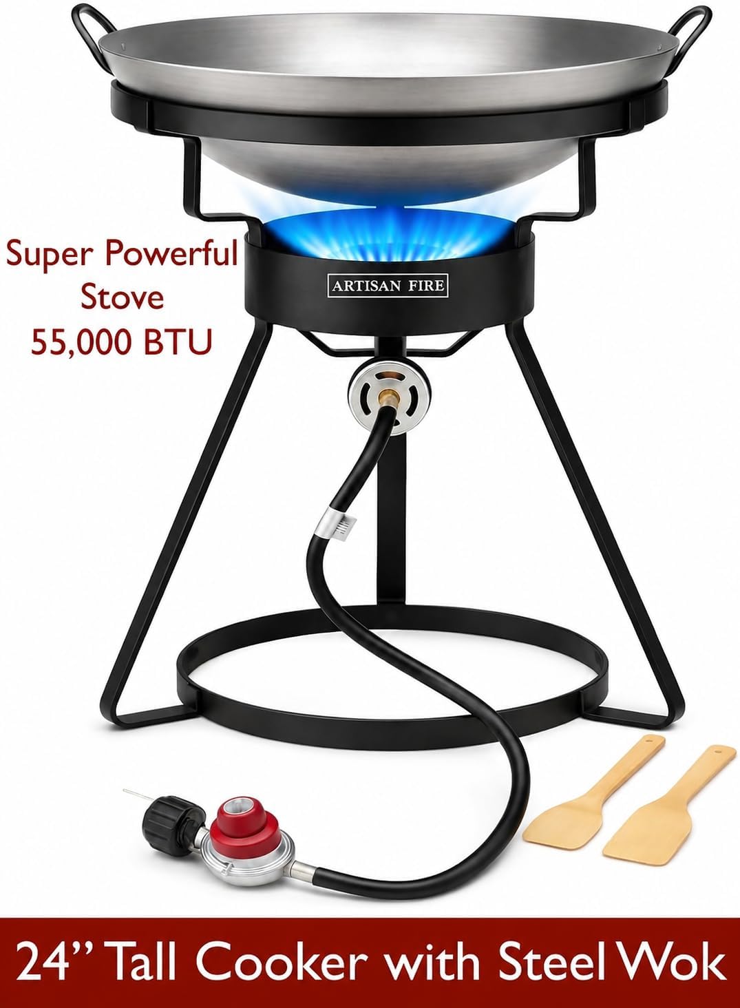Outdoor Cooker Stove with Iron Wok-Propane Grill-55,000 BTU High Pressure Propane Burner-Ideal for Backyard BBQ, Camp Stove