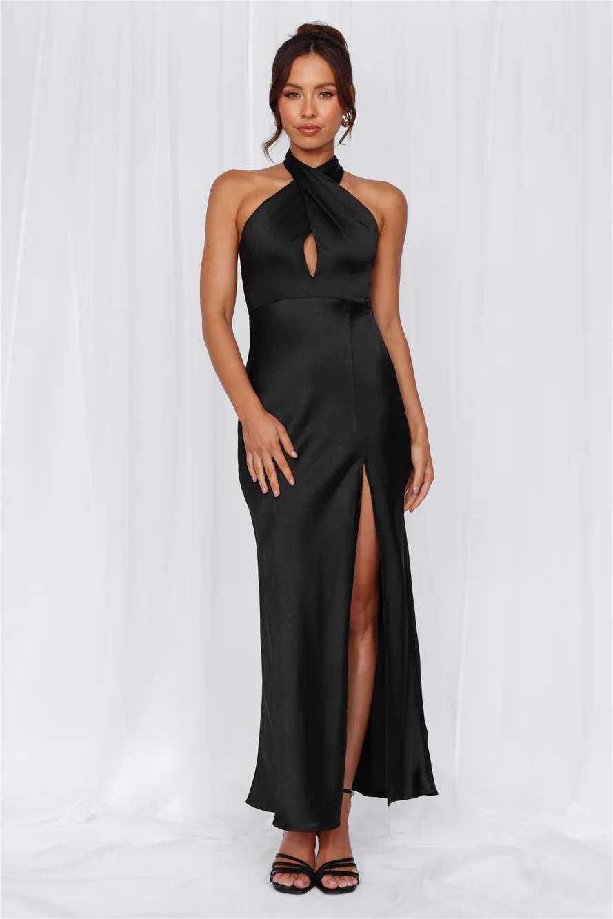 HELLO MOLLY The Adeline Halter Satin Maxi Dress Black