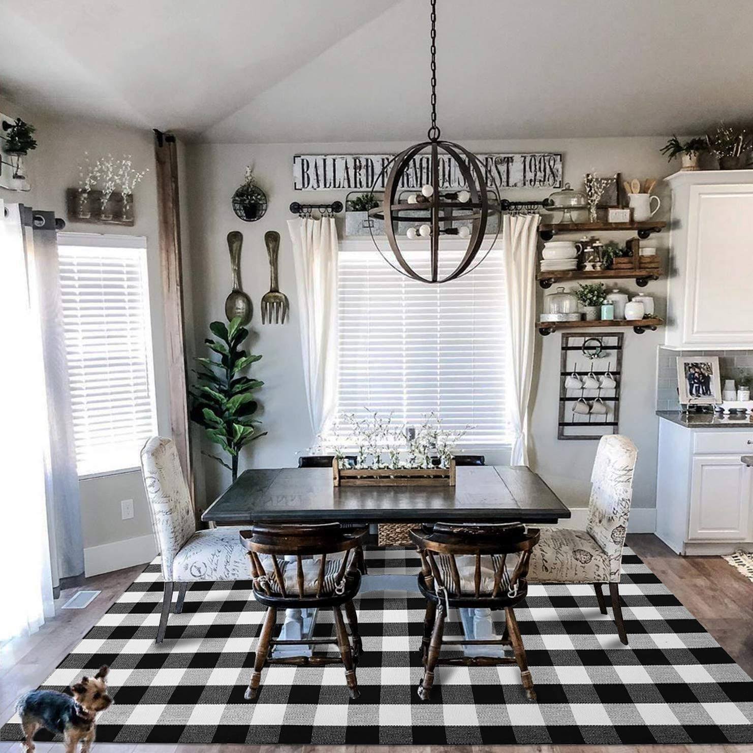 EARTHALL Buffalo Plaid Rug Black and White 5x7 Area Rug, Cotton Hand-Woven Washable Indoor Outdoor, Farmhouse/Dining Room/Bedroom/Living Room Rug