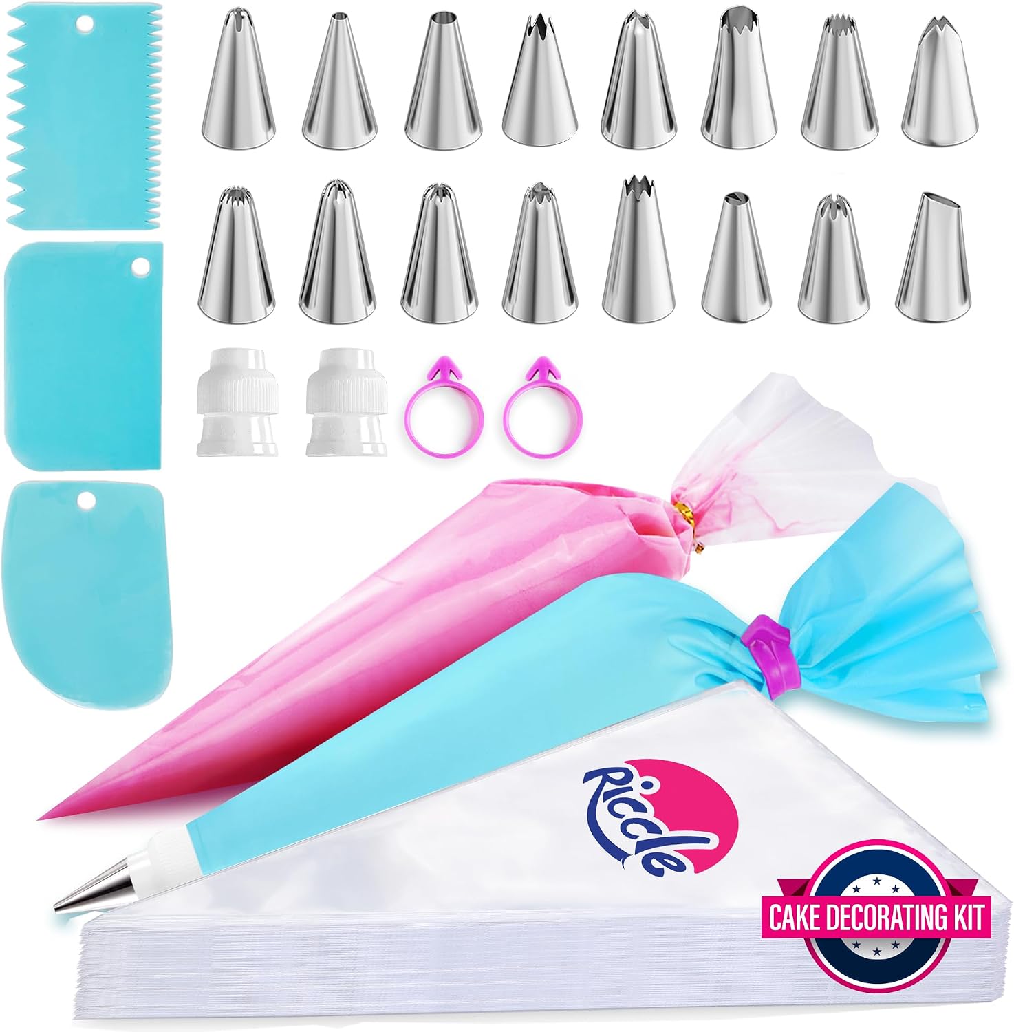 Riccle Piping Bags and Tips Set, 11.8 Inch 100 Anti-Burst Piping Bags, 124 Pcs Cake Decorating Kit with 16 Piping Tips, 1 Reusable Pastry Bag, 3 Cake Scrapers, 2 Couplers, and 2 Icing Bag Ties