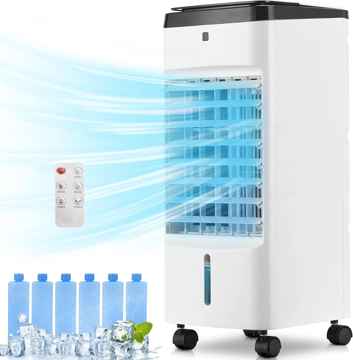 Climatiseur portable Uthfy, rafraîchisseur d'air évaporatif 3 en 1 avec réservoir d'eau amovible, 6 blocs de glace, minuterie 12 h, oscillation à 120°, télécommande, 3 vitesses, 4 modes, idéal pour la chambre ou le bureau.