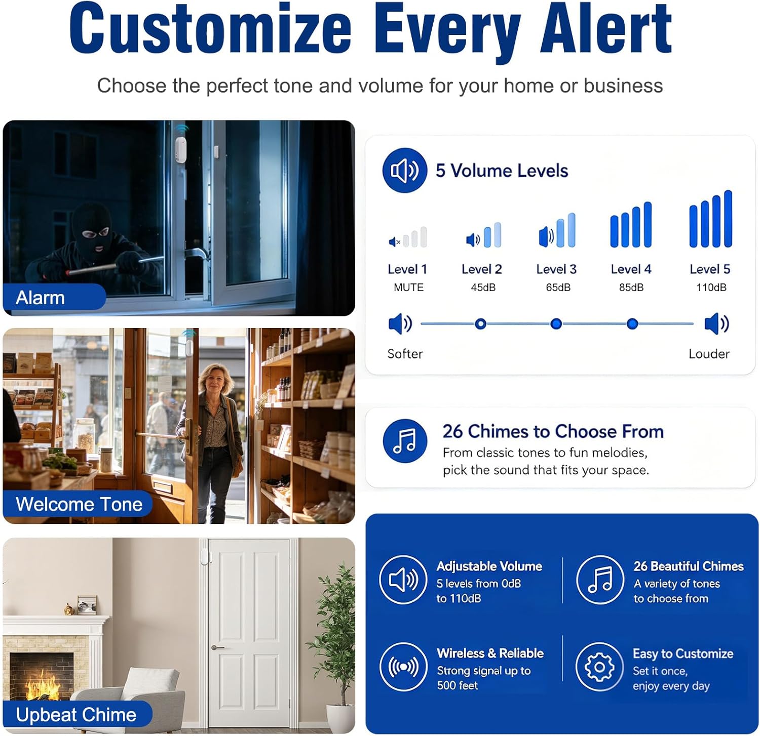 Door Chime,SanJie Wireless Door Sensor Chime When Door Opens,Door Entry Alarm Chime for Business/Home/Kids,500 FT Range,26 Chimes 5 Adjustable Volume, 2 Sensors + 1 Receivers