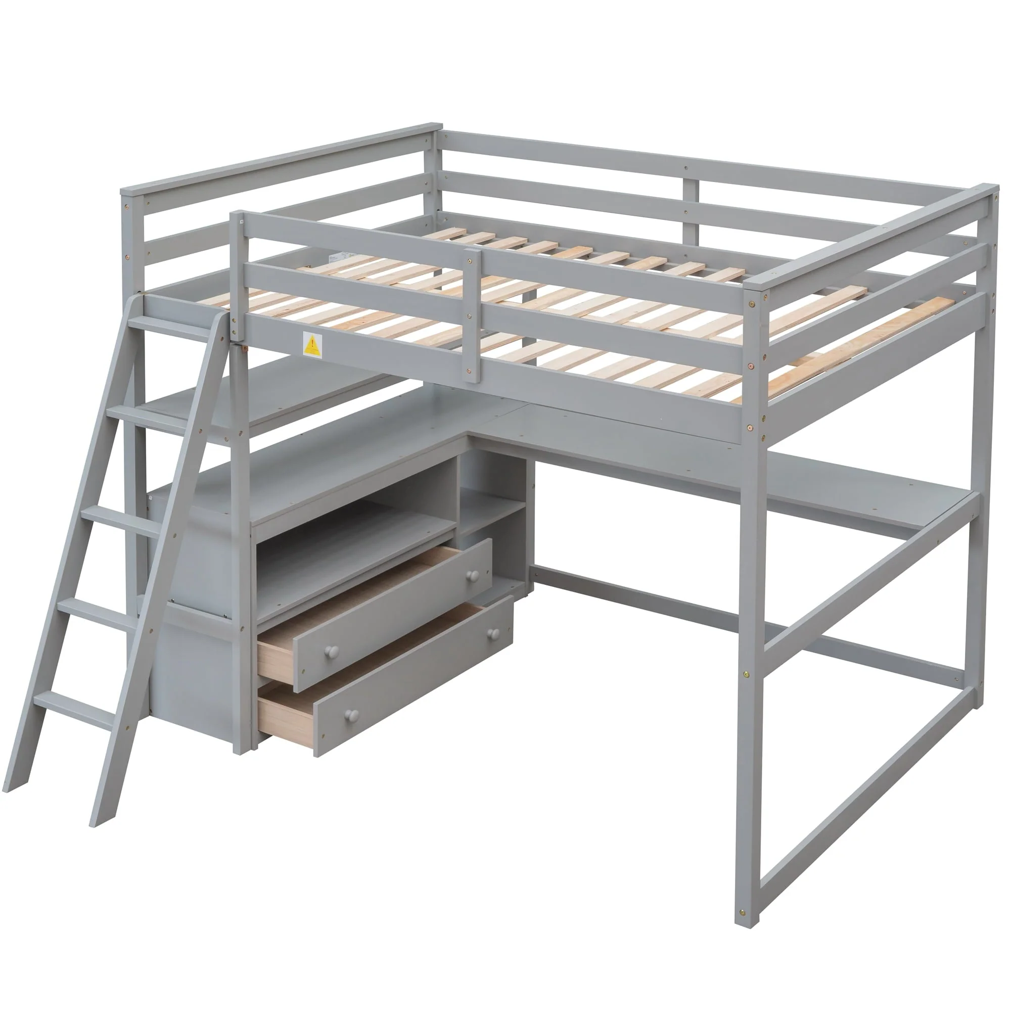 Euroco Full Size Wood Loft Bed with Desk, Shelves and Cabinets for Kids Room, Incline Ladder and 3 Drawers, Gray Image 10
