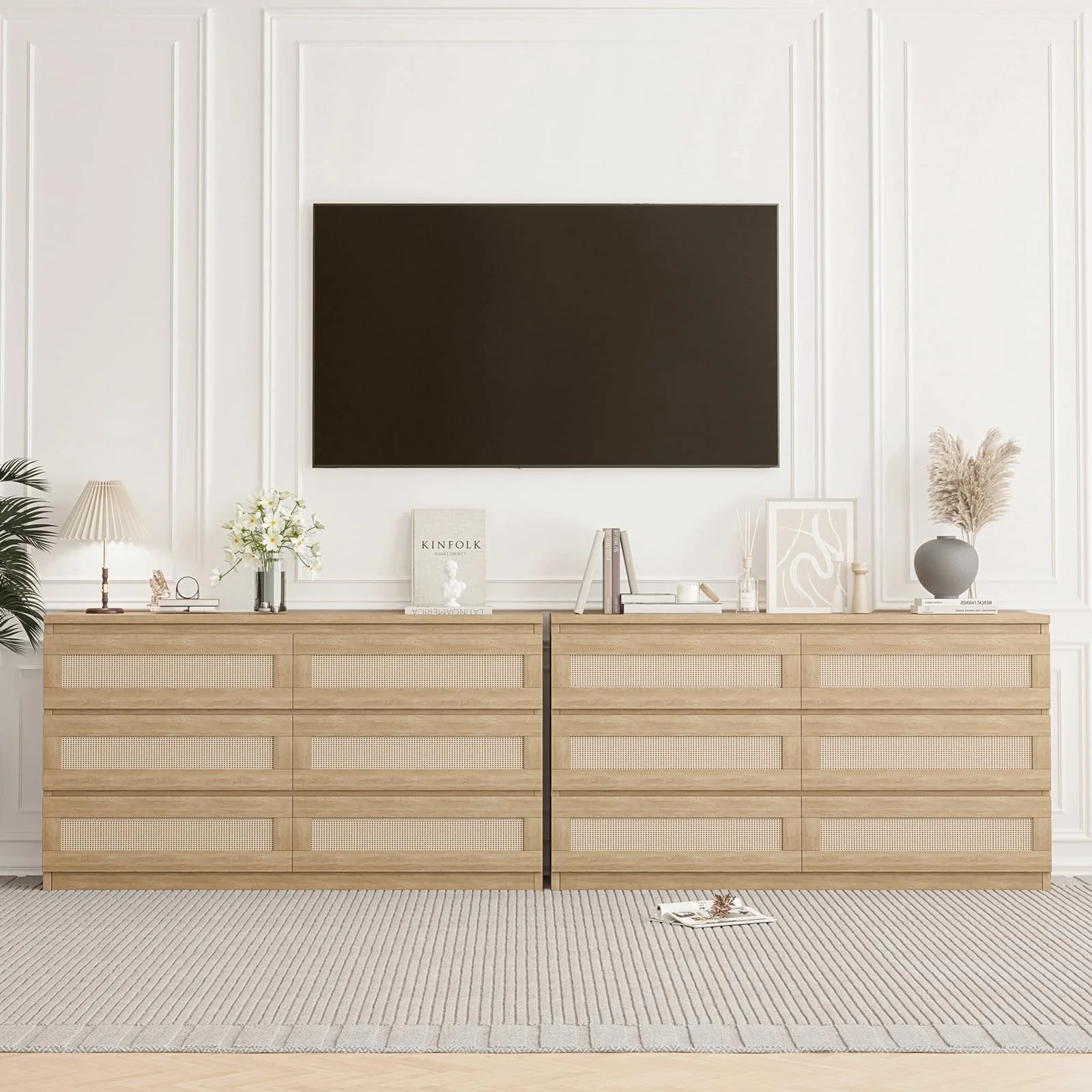 Rattan Dresser for Bedroom 6 Drawer, Double Dresser with Anti-Tip Kit, Wood Storage Wide Chest of Drawers for Bedroom, Living Room, Hallway, Oak Color(6 Drawer/Natural) - Image 8