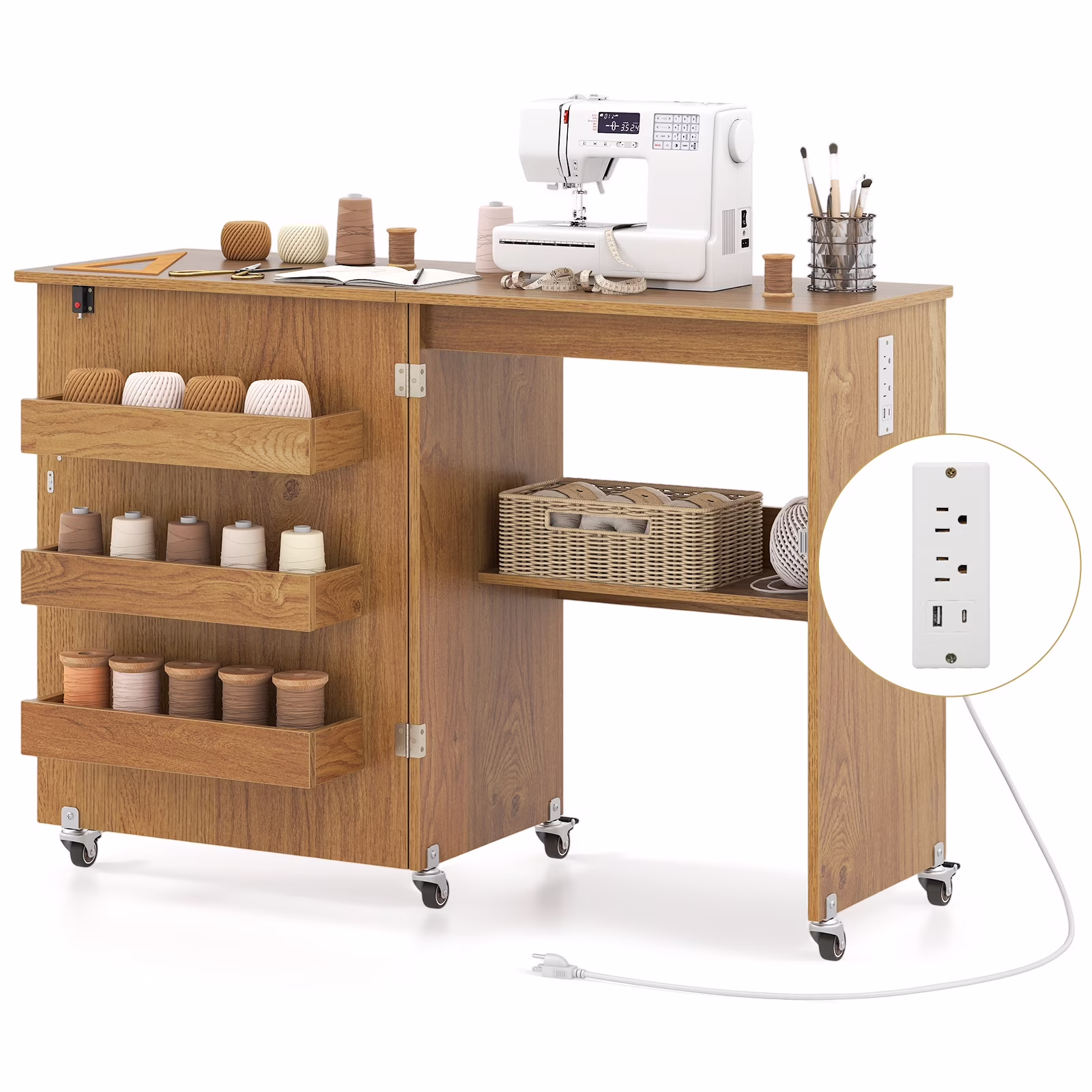 Folding Sewing Table Rolling Craft Station with 3 Storage Bins Charging Station White+natural(White+Natural) - Image 9