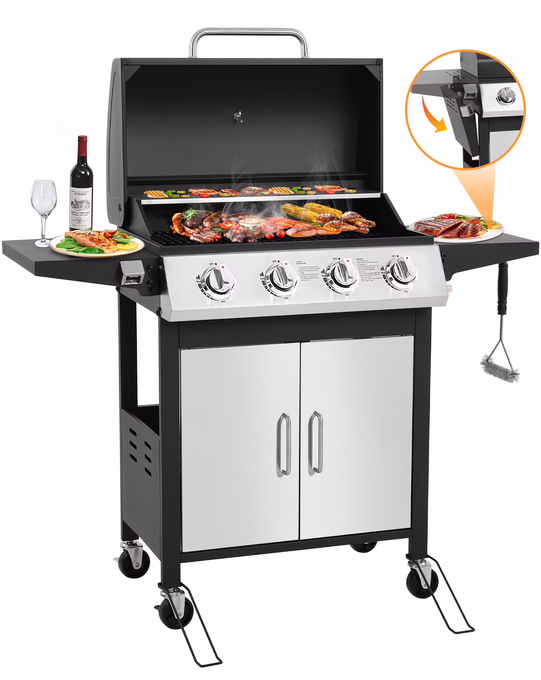 4 Burner BBQ Propane Gas Grill, Stainless Steel 40,000 BTU Patio Garden Barbecue Grill with Folding Side Tables, Cleaning Brush Thermometer, Perfect for Camping, Outdoor Cooking(4-Burner)