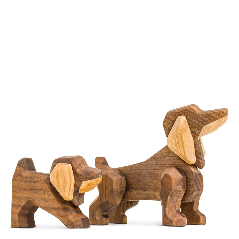 Liten dachshund trefigur 6 cm valnøtt/ask