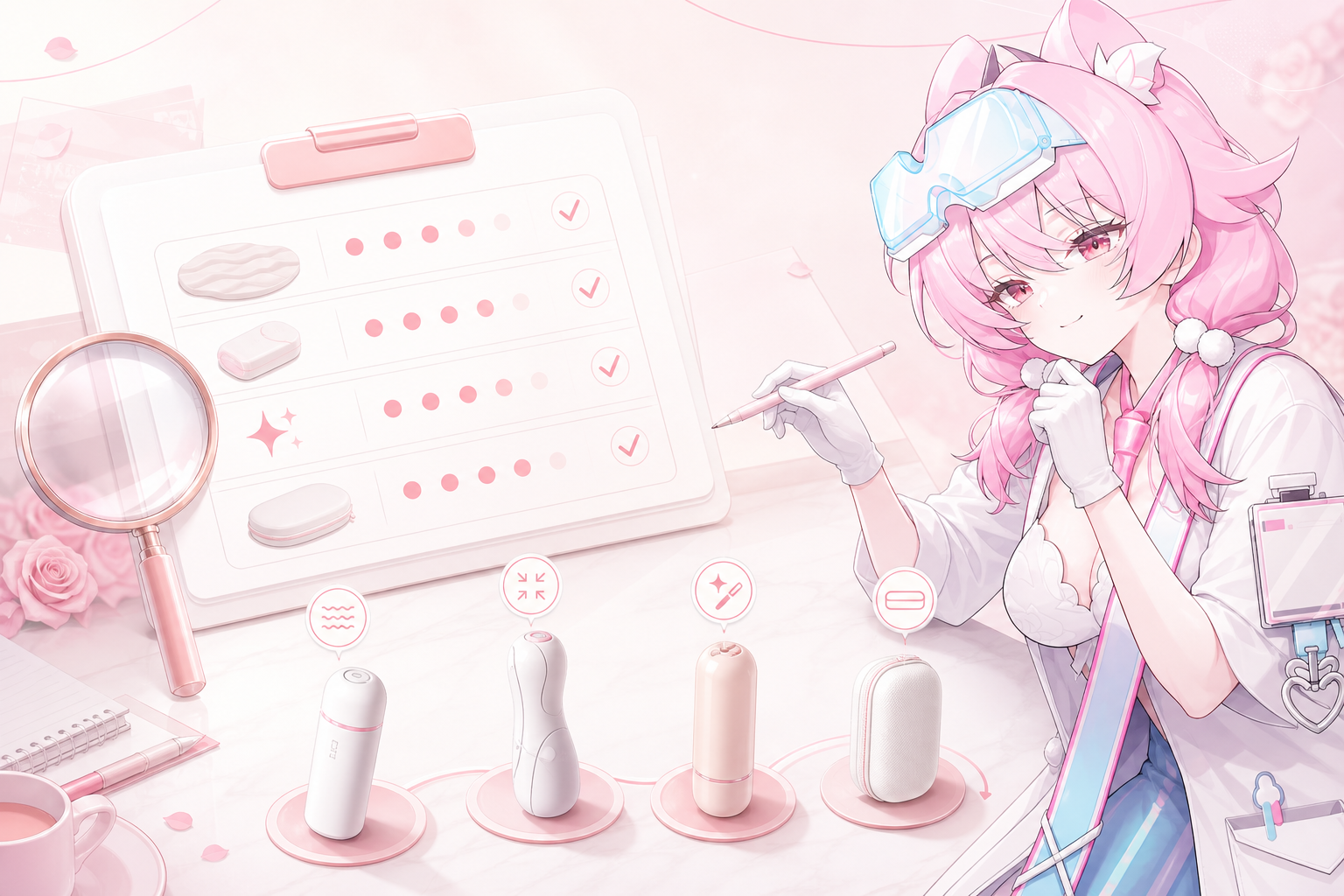 Illustration rose et blanche d’un test de masturbateur homme avec checklist, loupe et quatre fonctions comparées