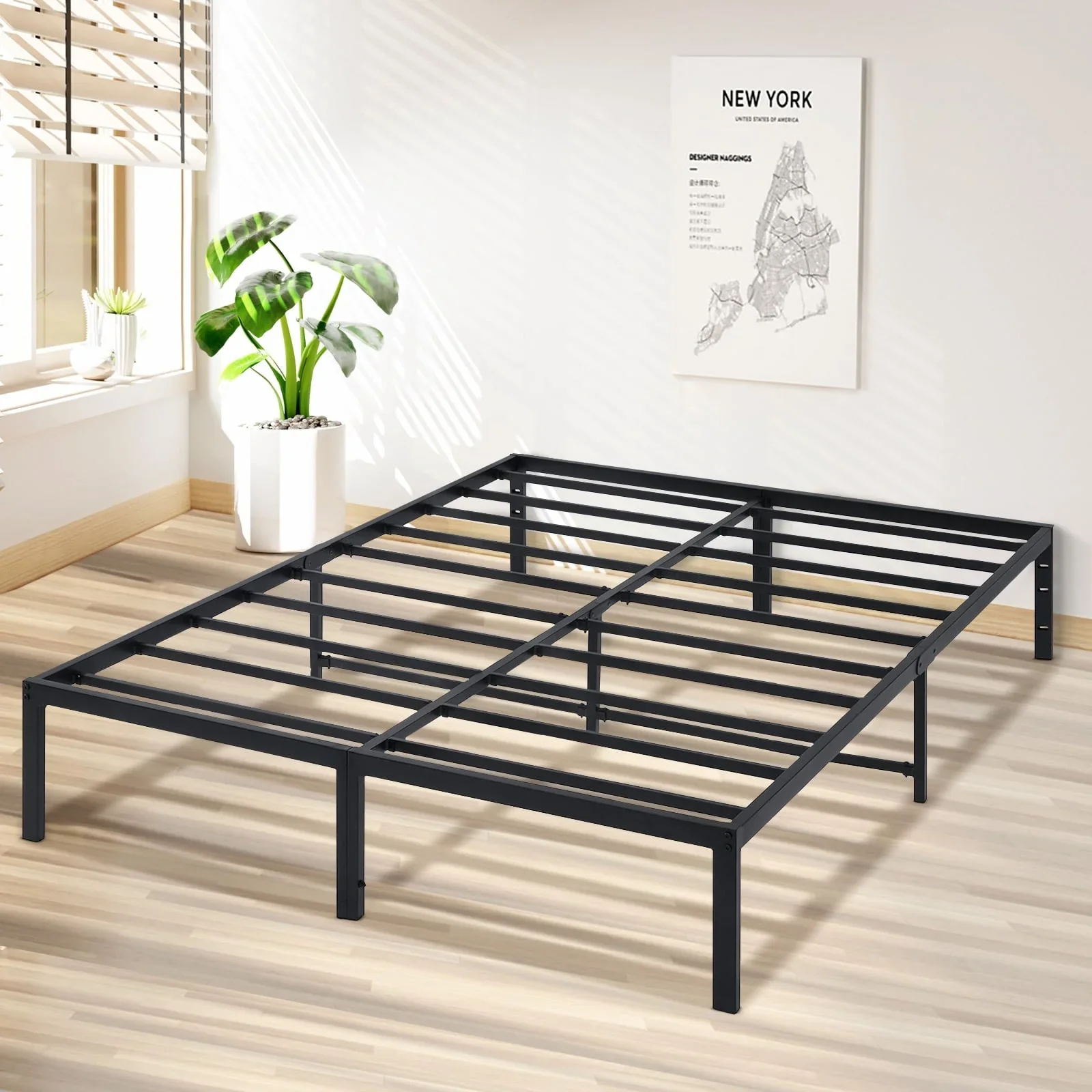 Lusimo Full Bed Frame No Box Spring Needed 14 inch Heavy Duty Steel Slats Full Size Metal Platform Bed Mattress Foundation Easy Assembly Anti Slip No Noise, Black