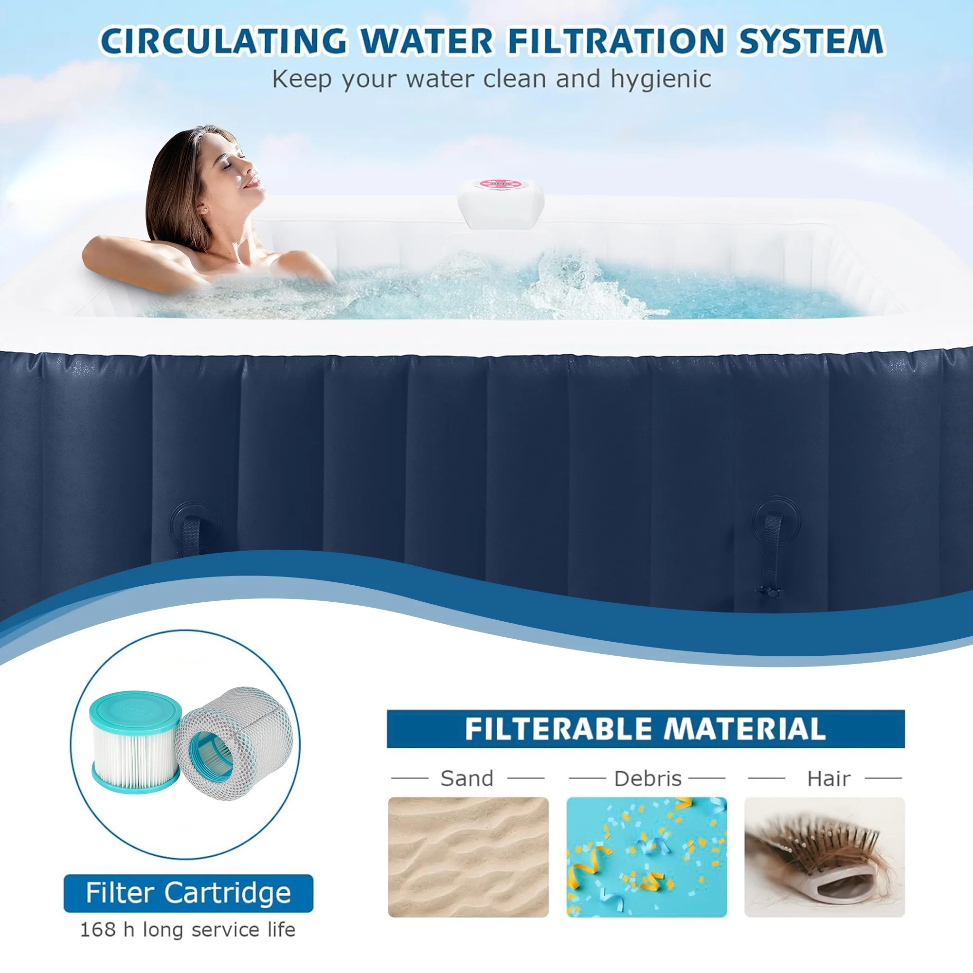 4-6 Person Outdoor Portable Inflatable Heated Hot Tub with 130 Bubble Jets, Square Inflatable Heated Pool Spa with Insulated Cover, Insulated Cover and Carry Bag, Blue(Blue) - Image 5