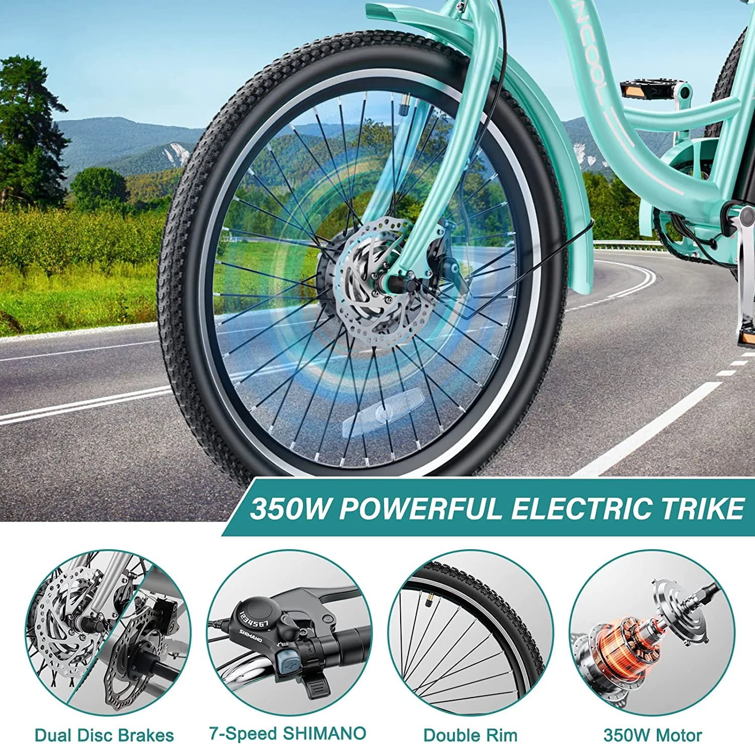 Electric Tricycle, 350W 36V 24 Inches 7 Speeds 3 Wheels Electric Bikes for Adults, Motorized Electric Trike Three Wheel Electric Bicycle Image 3