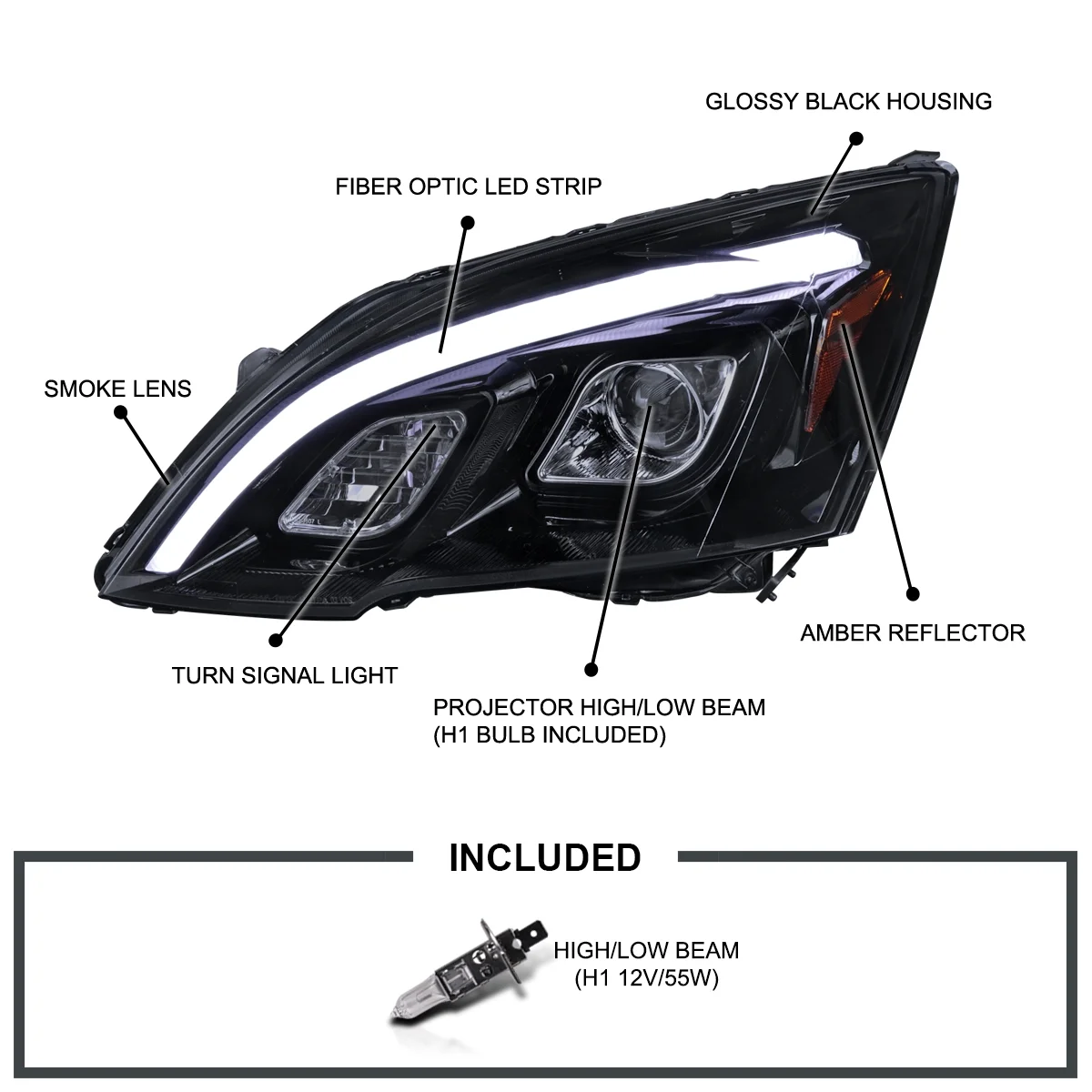 JDM Glossy Black Smoke LED Projector Headlights Compatible with 2007-2011 Honda CR-V, Left + Right Pair Headlamps Assembly(Glossy Black Housing Smoke Lens) - Image 4