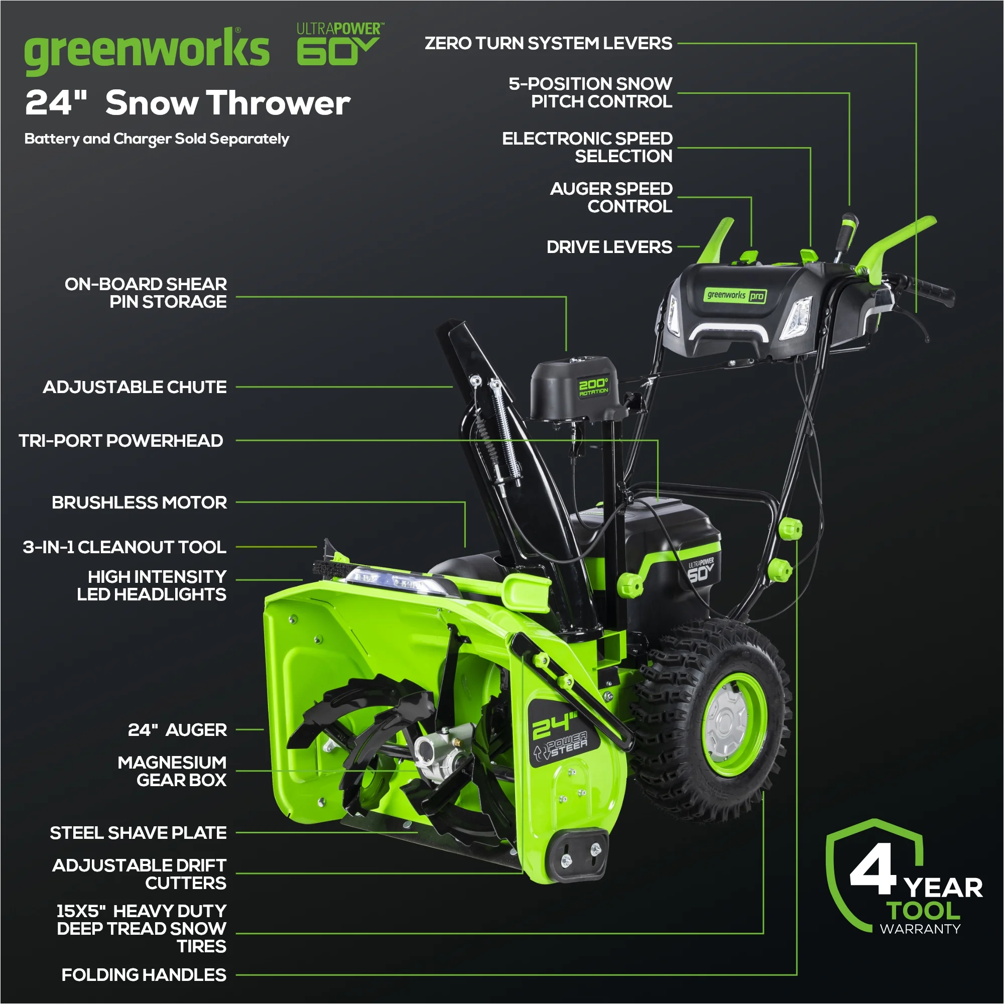 Greenworks Snow Blower 24 in 60V Two Stage Battery Powered Self Propelled Outdoor Equipment Image 6