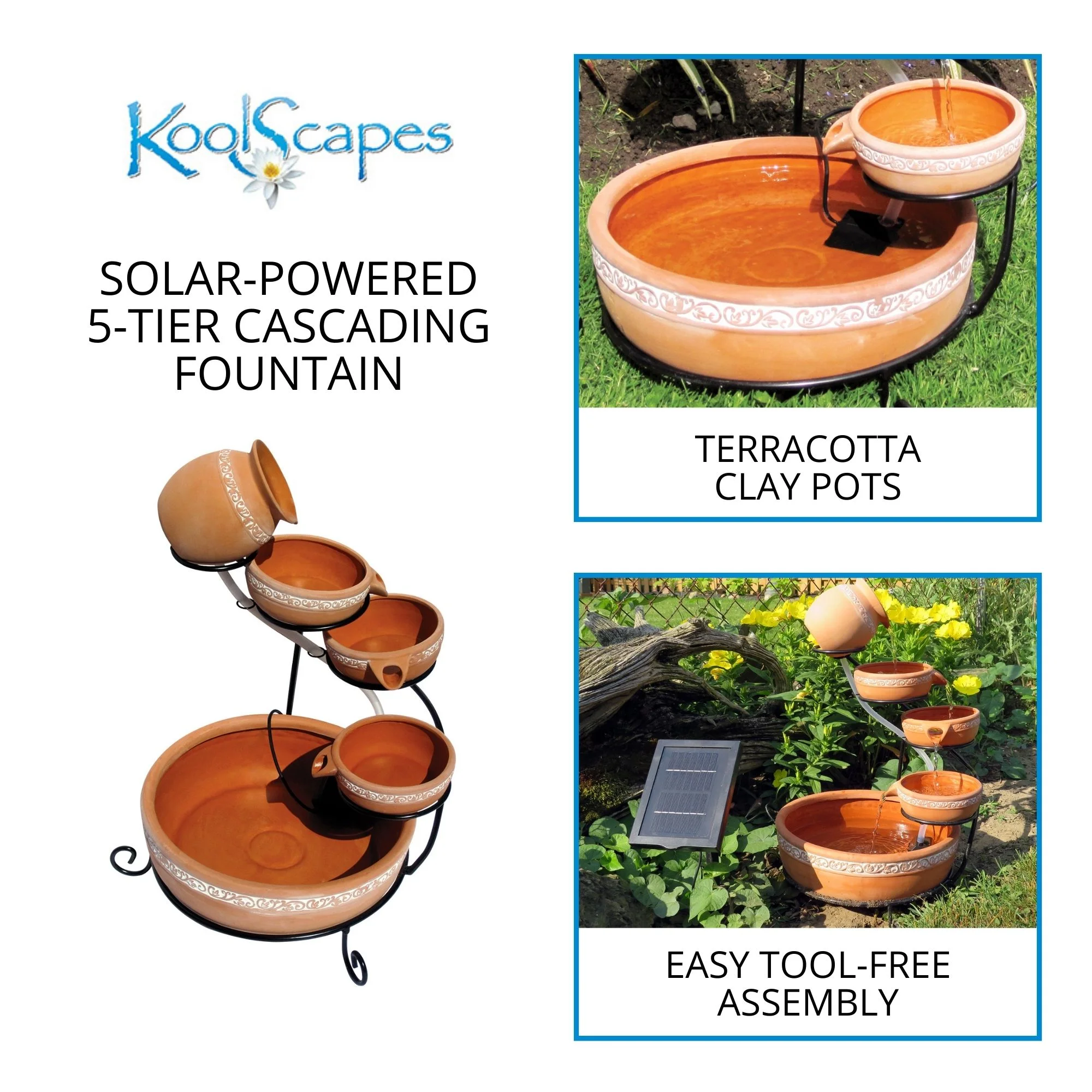 Outdoor Solar-Powered 5-Tier Cascading Water Fountain- Finish, Brown - Image 4