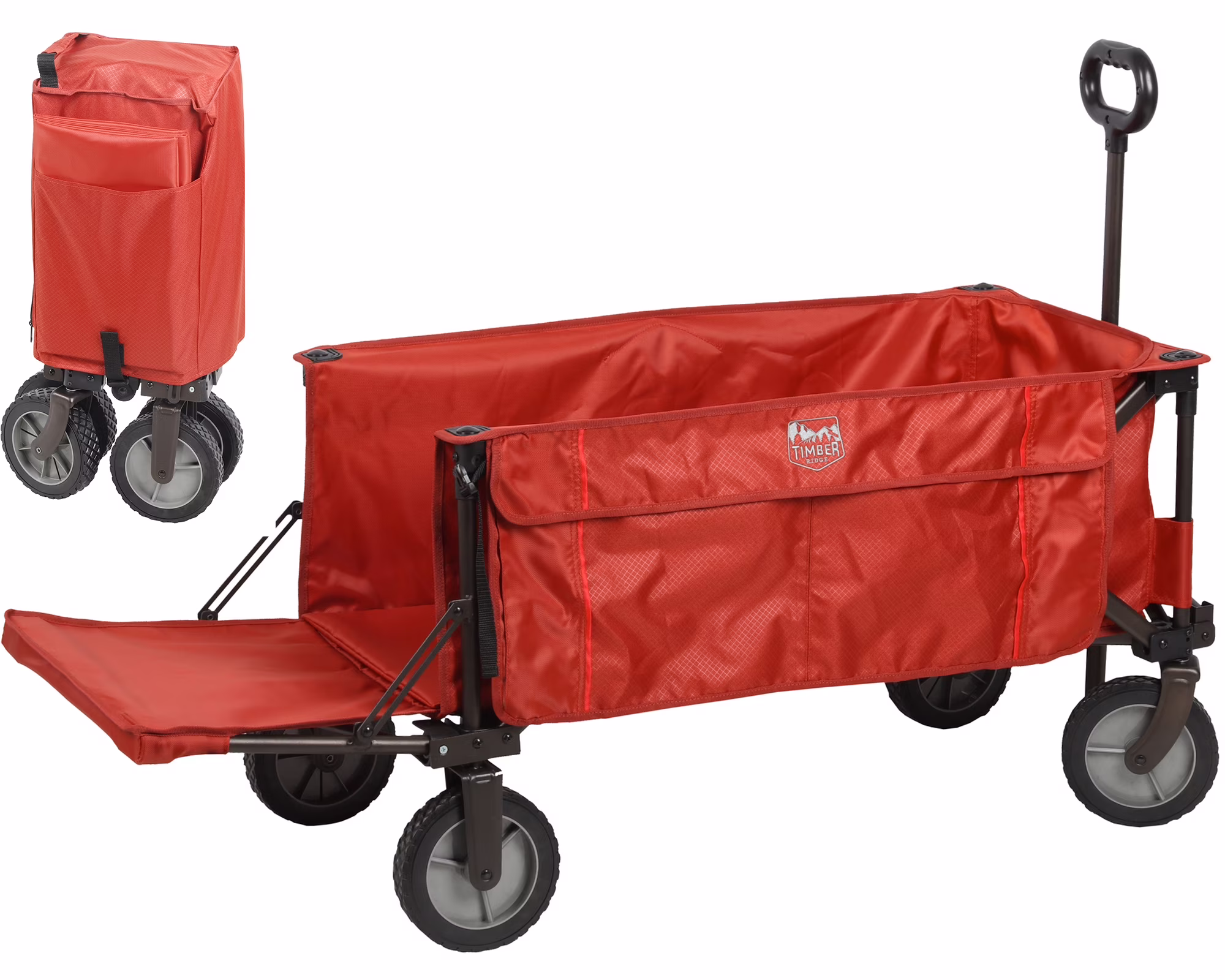 TIMBER RIDGE Tailgate Collapsible Folding Wagon Cart, Heavy Duty Utility Push Pull Beach Wagon Foldable, Outdoor Grocery Cart with Side Pockets for Camping, Garden, Shopping, Holds 225 lbs, Red