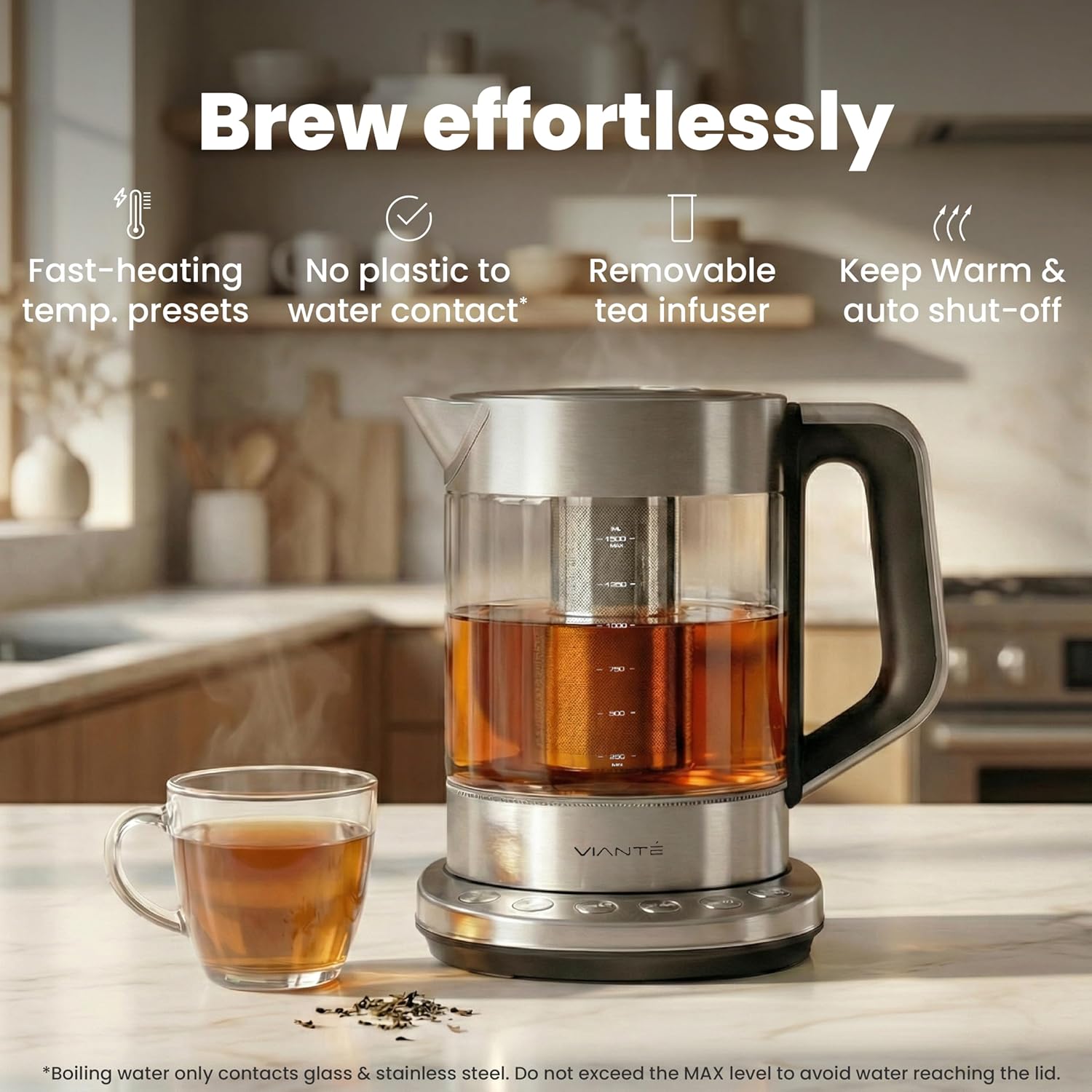 Viante Alba Electric Tea Kettle With Infuser, No Plastic, 1.5L