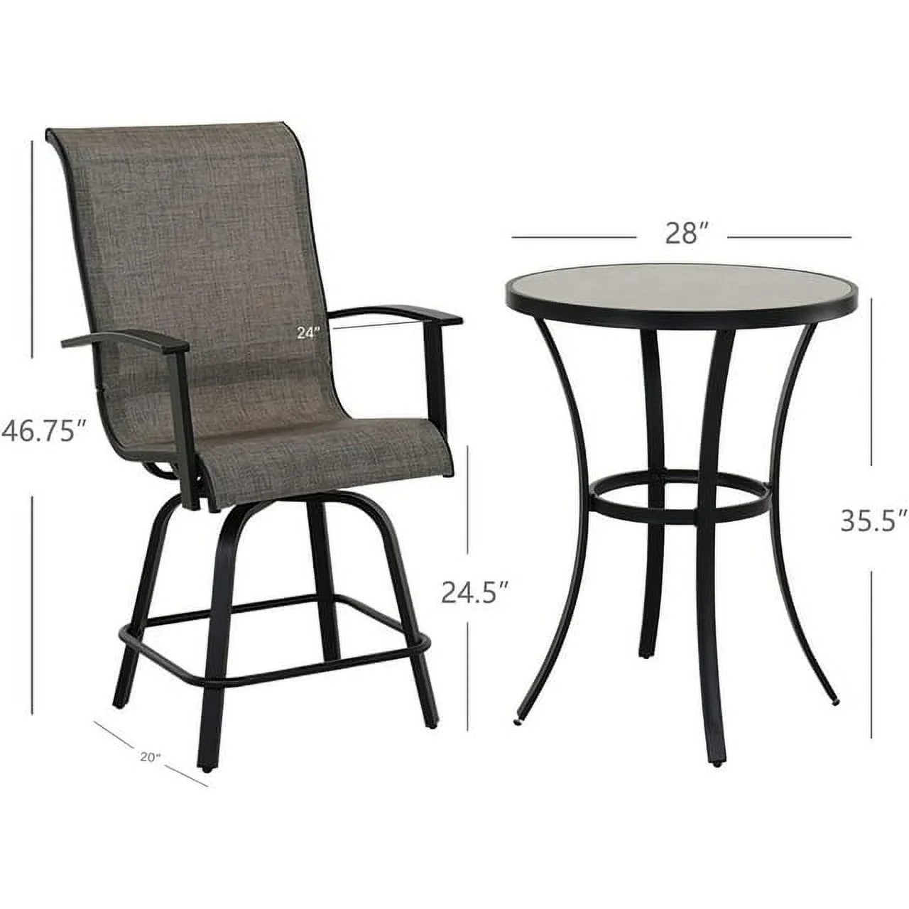 Grand Patio 3 Piece Modern Indoor&Outdoor Counter Height Patio Bar Set for Bistro, Steel Frame, 2 Chairs and 1 Sidetable,Coffee Table, Garden, Porch, Backyard